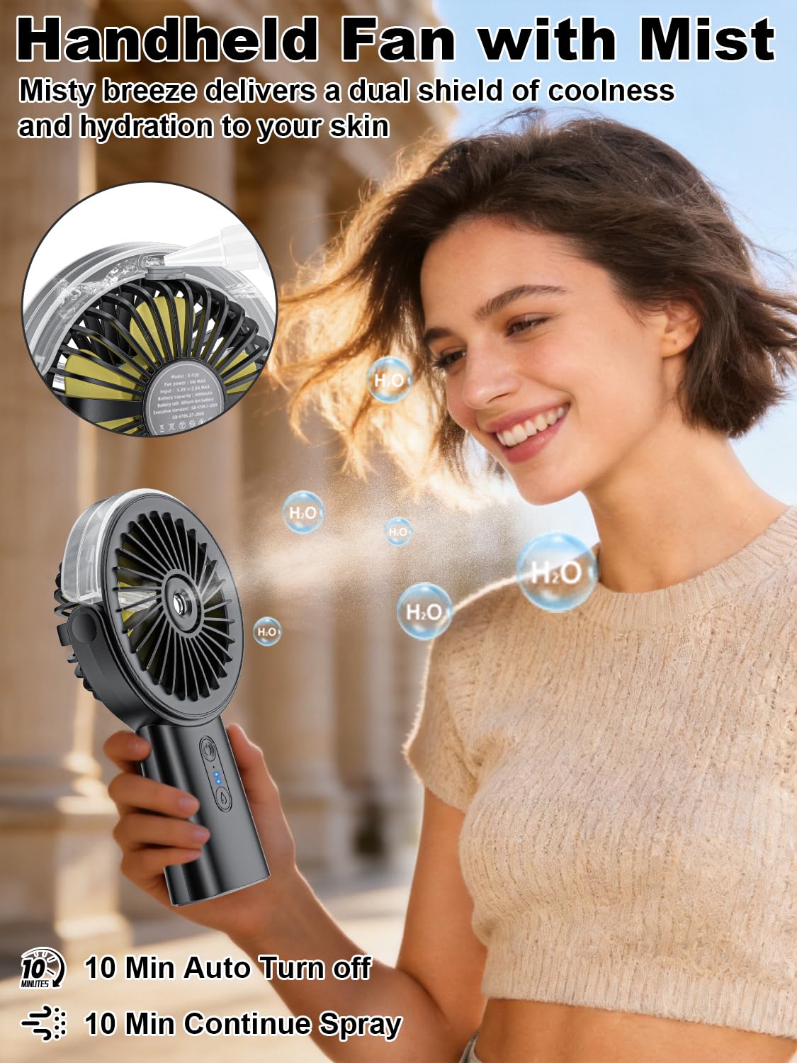 Handventilator Akku Aufladbar mit Wasserkühlung, 6000mAh Tragbarer Mini Ventilator mit 3 Gänge, Ventilatoren Leise Klein mit 4–18 Laufzeit, Portable USB Hand Fan für Sommer, Reise, Outdoor, Blau