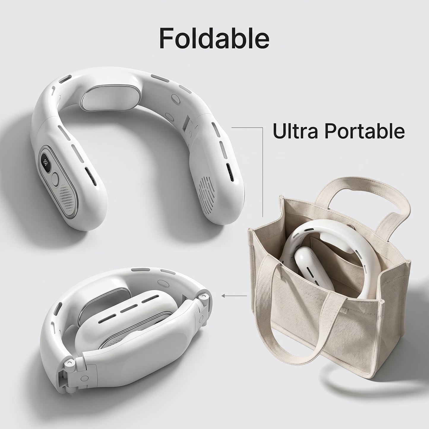 Faltbarer Halsventilator, ohne Flügel, tragbar, Luftstrom 360°, USB-Ventilator, wiederaufladbar, 3000 mAh, 3 Geschwindigkeitsstufen, USB-Halsventilator mit LED-Anzeige, für Sport und Reise (weiß)