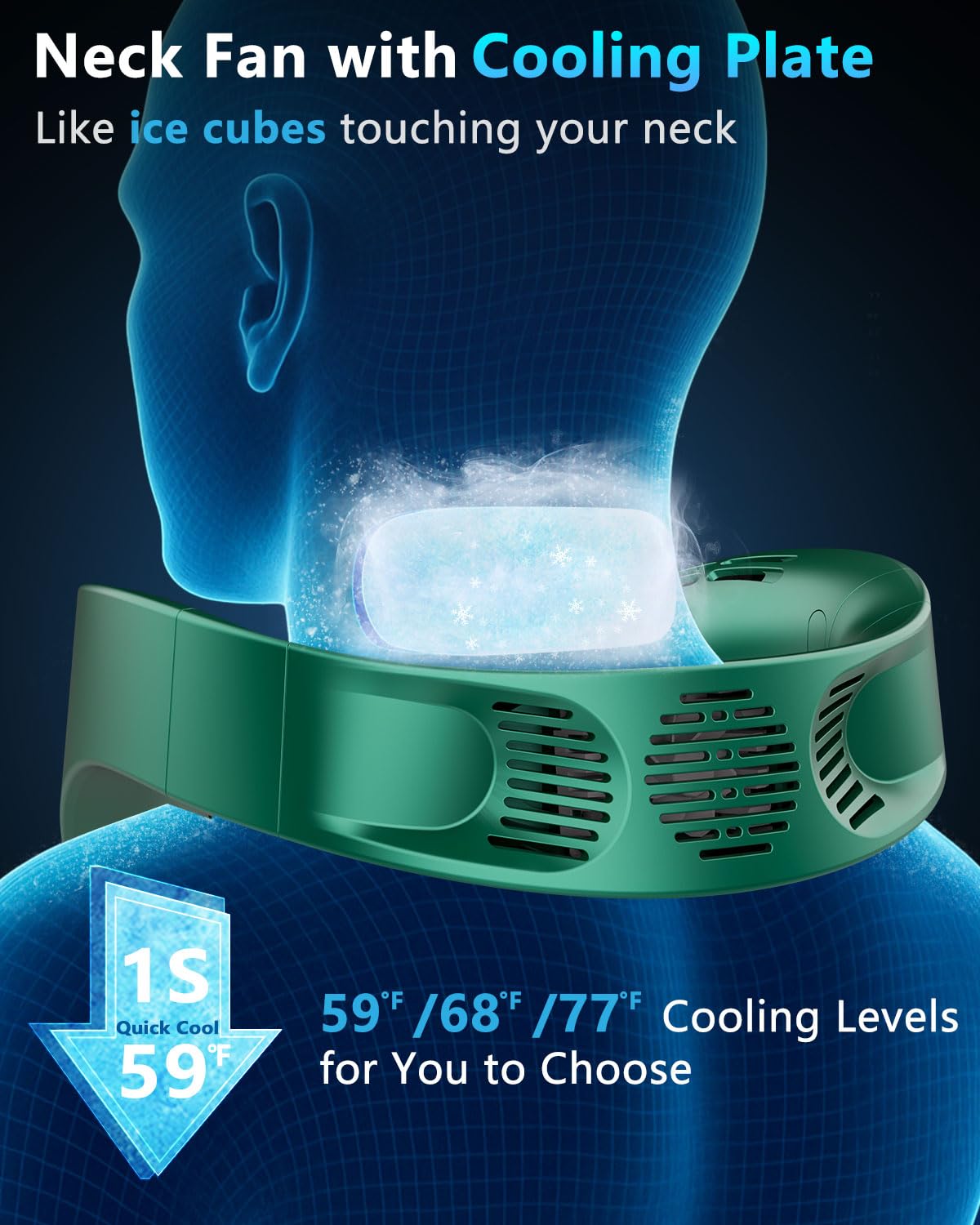 FWV Neck Fan with Cooling Plate, Quiet 30dB, 3-24Hrs Cooling,5500mAh Battery,LED Display Necklace AC Cooler, USB Bladeless Portable Personal Wearable Fans that Blow Cold Air for Men Women Kids Black