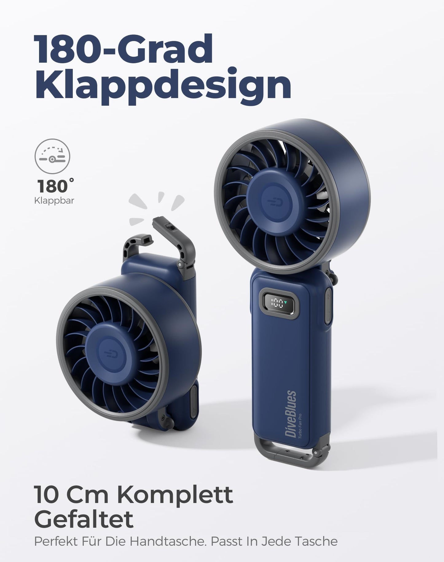 Diveblues Handventilator Tragbarer Turbo-Ventilator mit 100 Stufen und 7,4m/s Starkem Luftstrom, 180° Faltbarer 4-in-1 Mini-Ventilator für Hand, Hals und Tisch, Aufladbar für Sommer, Reise und Outdoor