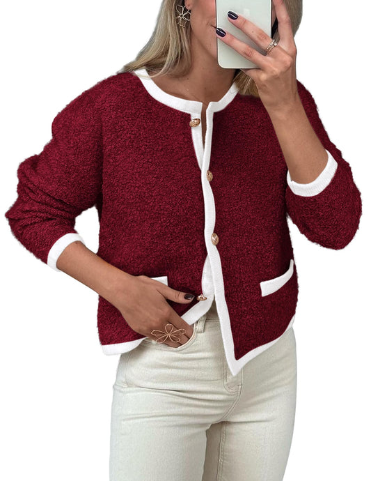 Women Cardigan Sweaters Long Sleeve Button Down Tweed Knit Sweater Crewneck Fall Open Front Outerwear with Pockets-M Wine Red