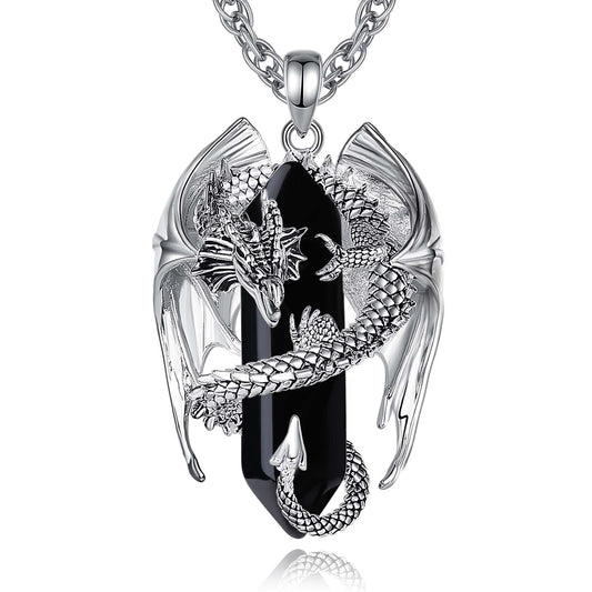 INFUSEU Drachen Kette, Kristall Halskette Nordischer Drache Eingewickelter Zylinder Edelstein Schwarzer Vintage Obsidian Anhänger Sechseckiger Heilkristall Gothic Geschenk für Männer Frauen