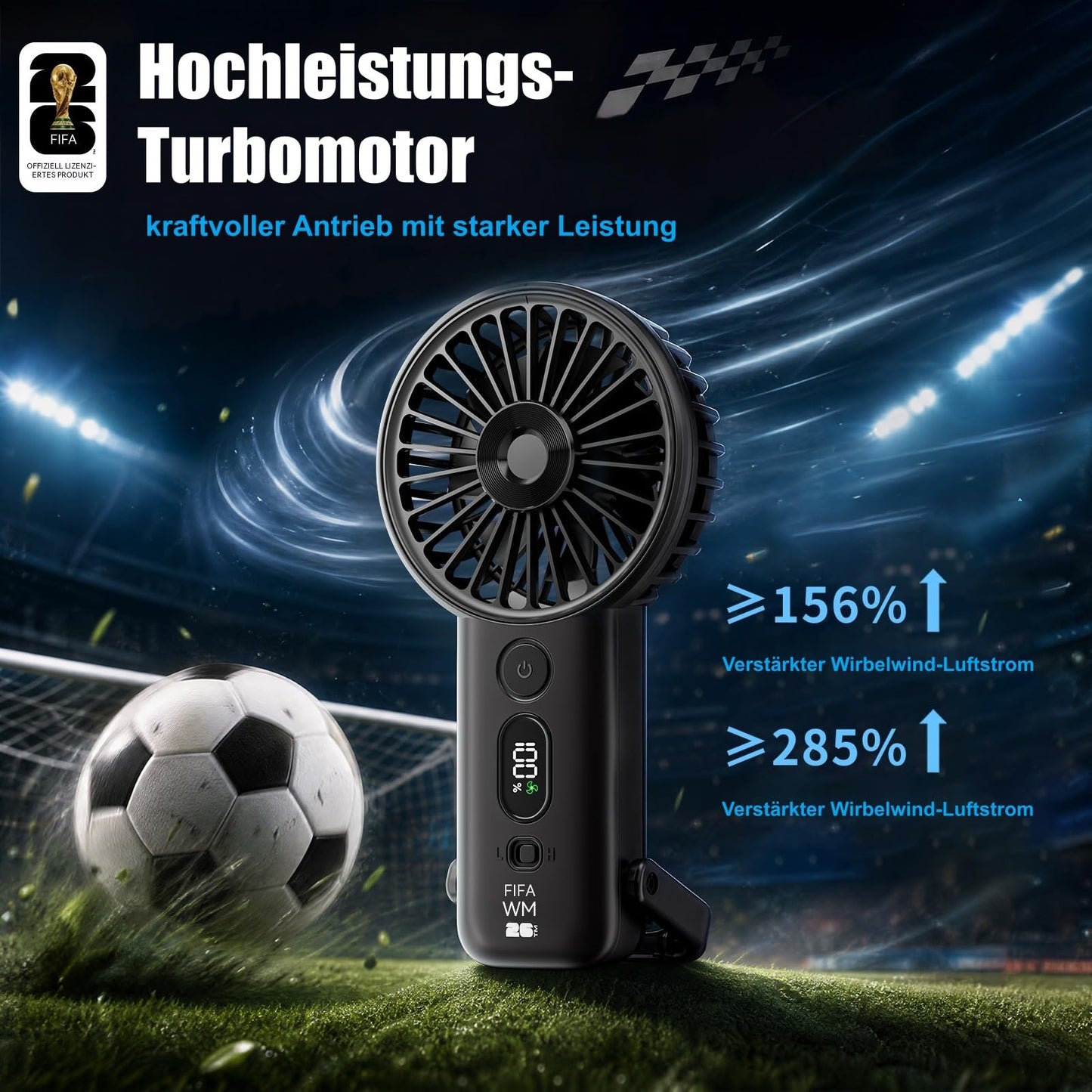 FIFA WM 2026 lizenzierter Hand-Turbo-Ventilator, tragbar mit 5 Stufen, 4.000mAh Akku, LED-Anzeige & Taschenlampe, Tisch-/Aufhängefunktion, Fußball Geschenk (Schwarz)