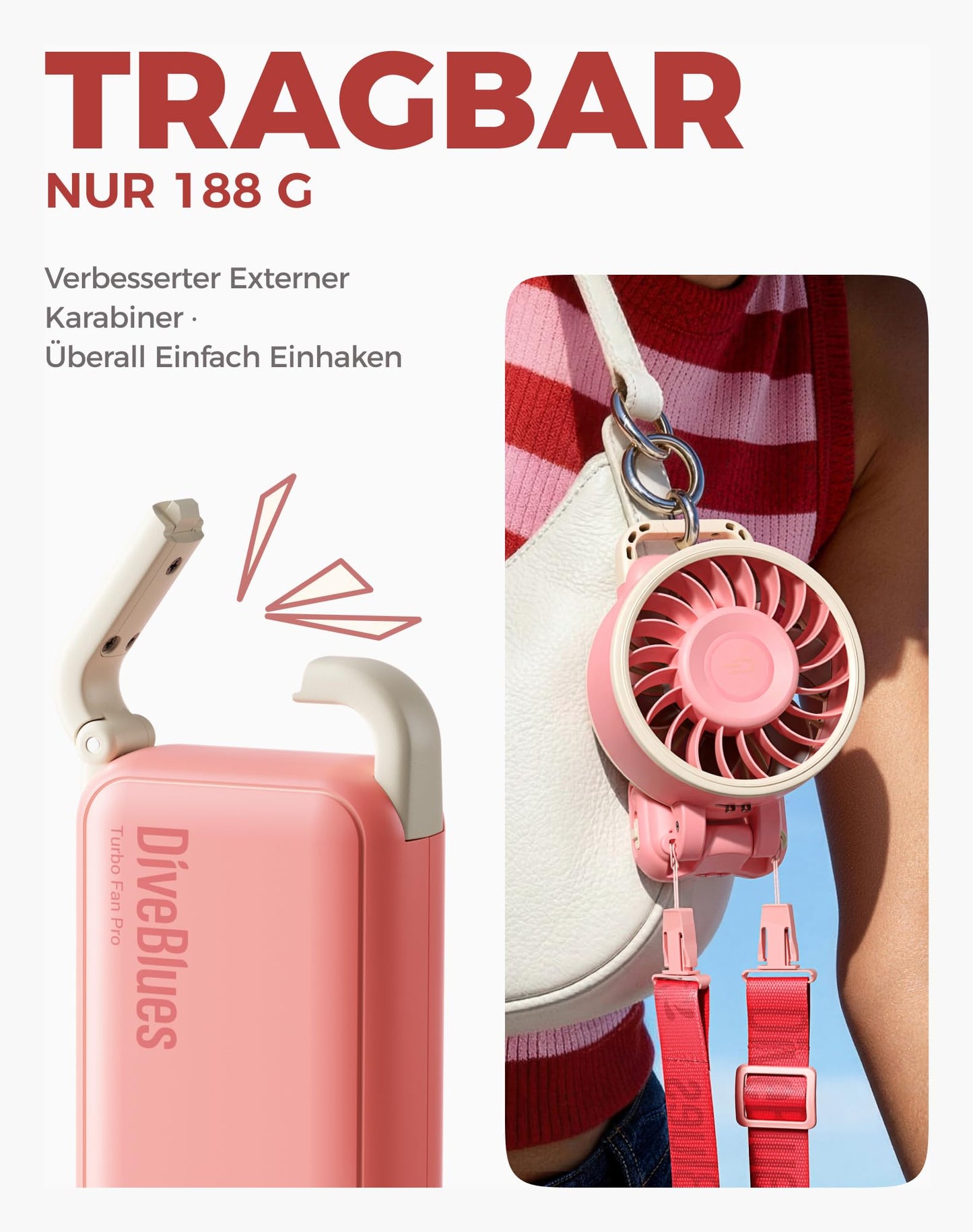 Diveblues Handventilator Tragbarer Turbo-Ventilator mit 100 Stufen und 7,4m/s Starkem Luftstrom, 180° Faltbarer 4-in-1 Mini-Ventilator für Hand, Hals und Tisch, Aufladbar für Sommer, Reise und Outdoor