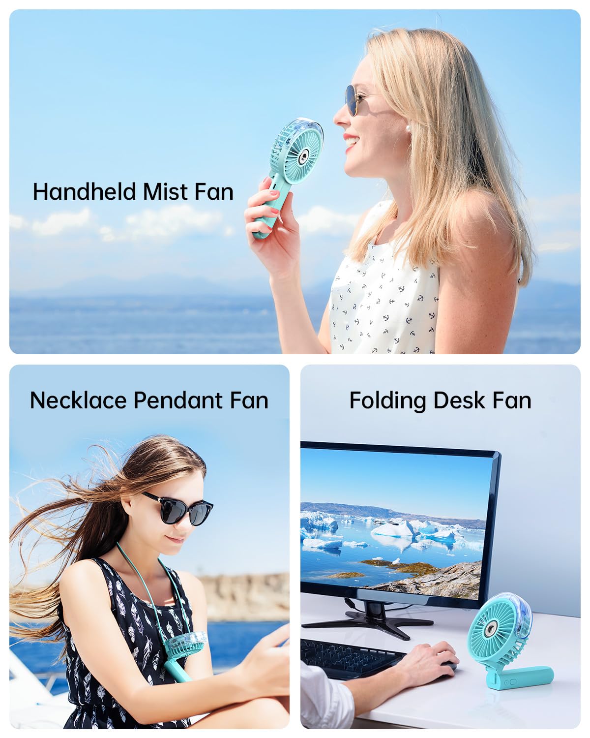 SWEETFULL Portable Misting Fan - 180° Foldable Handheld Personal Fan with Mist Spray, 3 Speeds, 30ml Water Tank, USB Rechargeable - Ideal for Travel, Outdoors, Makeup, Camping, Home, and Office Use