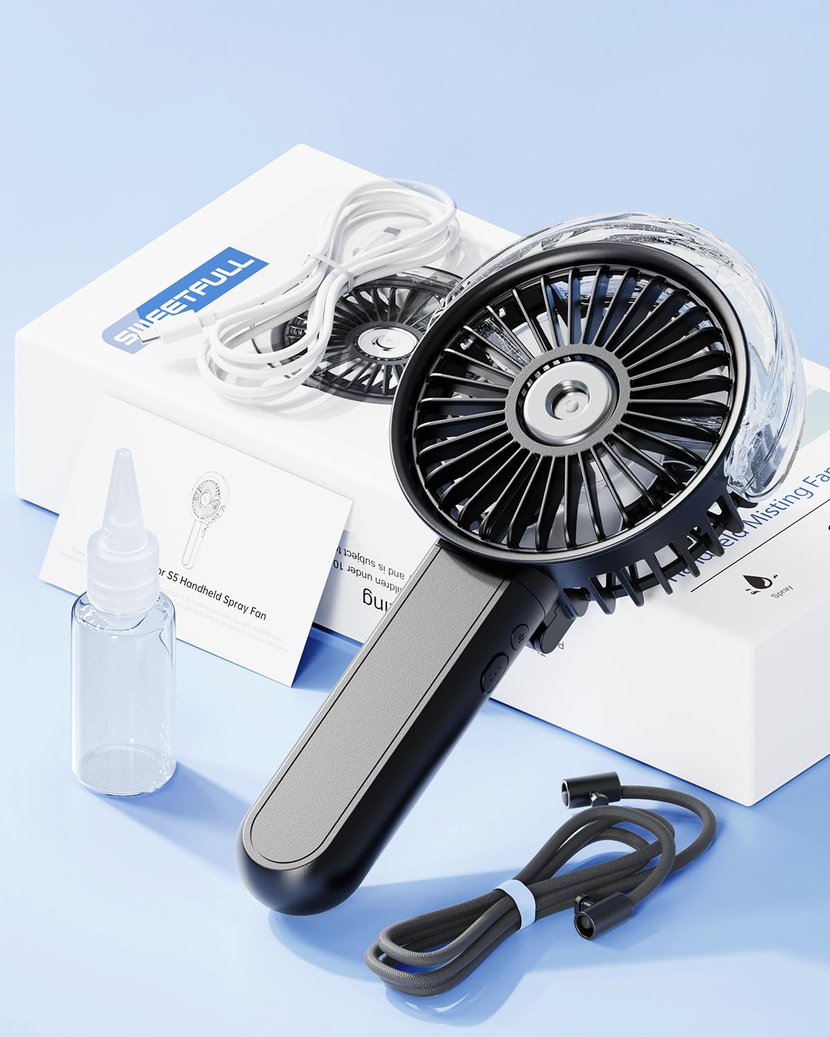 SWEETFULL Portable Misting Fan - 180° Foldable Handheld Personal Fan with Mist Spray, 3 Speeds, 30ml Water Tank, USB Rechargeable - Ideal for Travel, Outdoors, Makeup, Camping, Home, and Office Use