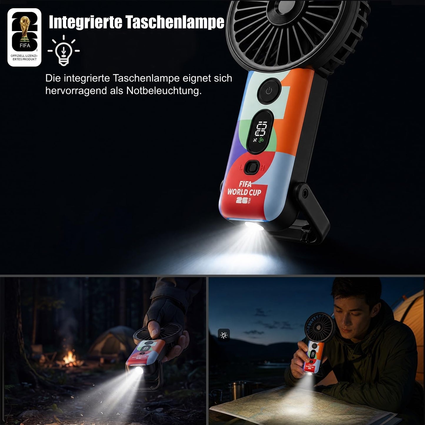 Covbozk FIFA WM 2026 lizenzierter Hand-Turbo-Ventilator, tragbar mit 5 Stufen, 4.000mAh Akku, LED-Anzeige & Taschenlampe, Tisch-/Aufhängefunktion, Fußball Geschenk (Schwarz)
