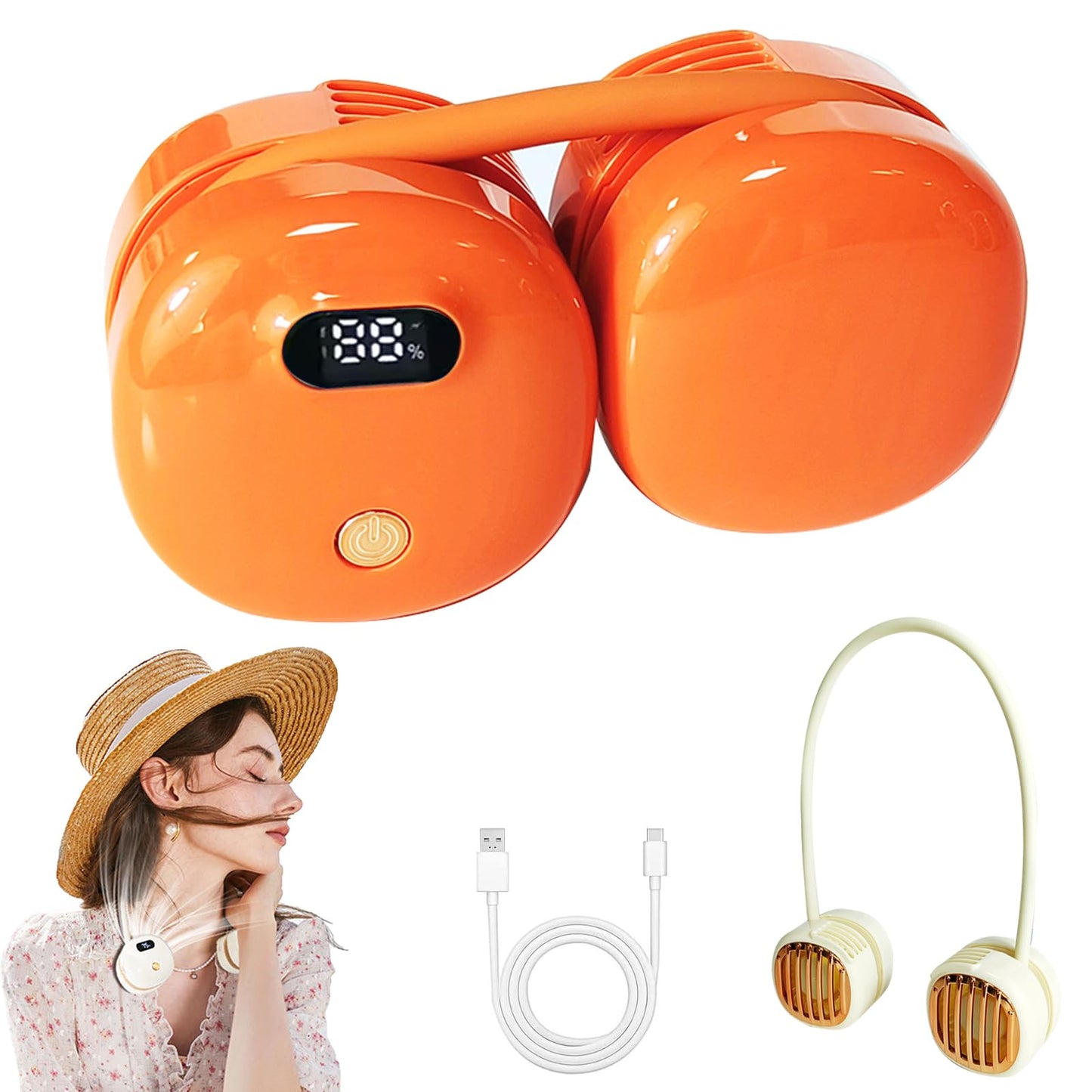 Foldable USB Rechargeable Neck Hanging Fan, 360° Flexibler Faltbarer Halsventilator, Wiederaufladbar Nackenventilator mit LED-Anzeige & 3 Stufen, Leise Persönlicher Ventilator für Büro Reisen (Weiß)