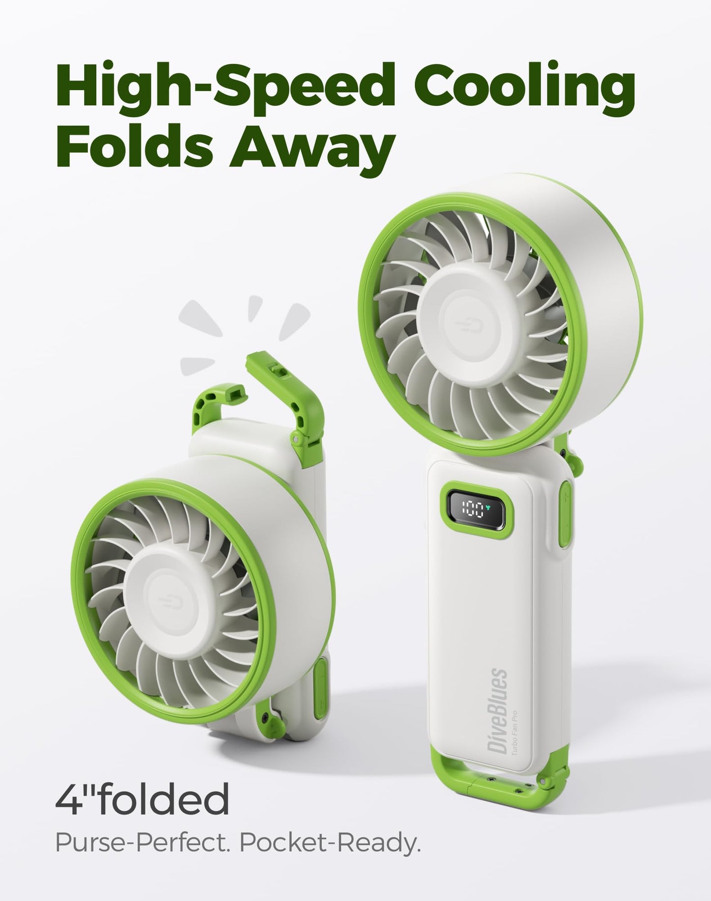 Diveblues Portable Handheld Fan D6036 Cream | 7.4m/s High Speed Turbo, 180° Foldable 4-in-1, Personal Neck Fan with Carabiner Clip, 100 Speed Stepless Control