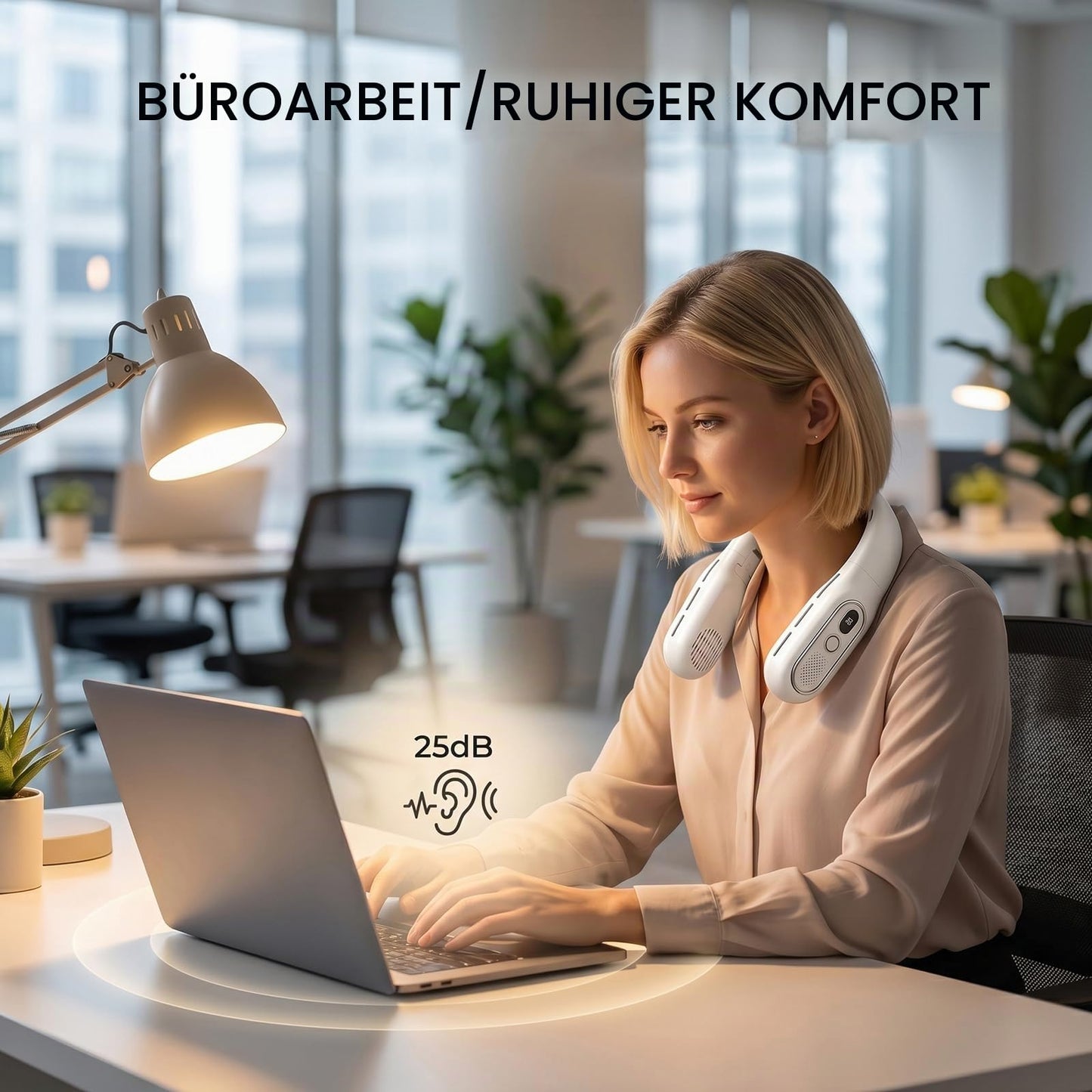 Faltbarer Halsventilator, ohne Flügel, tragbar, Luftstrom 360°, USB-Ventilator, wiederaufladbar, 3000 mAh, 3 Geschwindigkeitsstufen, USB-Halsventilator mit LED-Anzeige, für Sport und Reise (weiß)