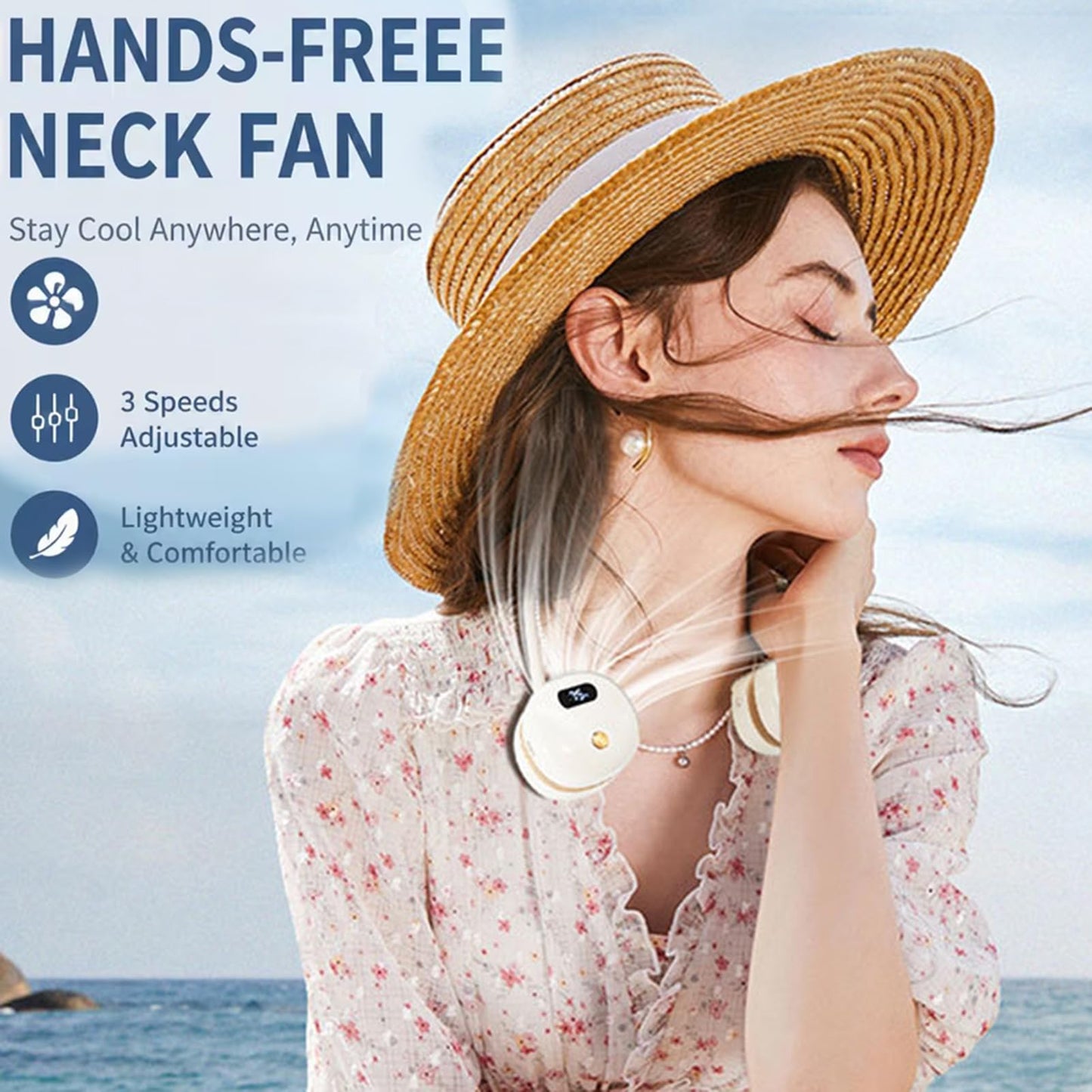 Foldable USB Rechargeable Neck Hanging Fan, 360° Flexibler Faltbarer Halsventilator, Wiederaufladbar Nackenventilator mit LED-Anzeige & 3 Stufen, Leise Persönlicher Ventilator für Büro Reisen (Weiß)