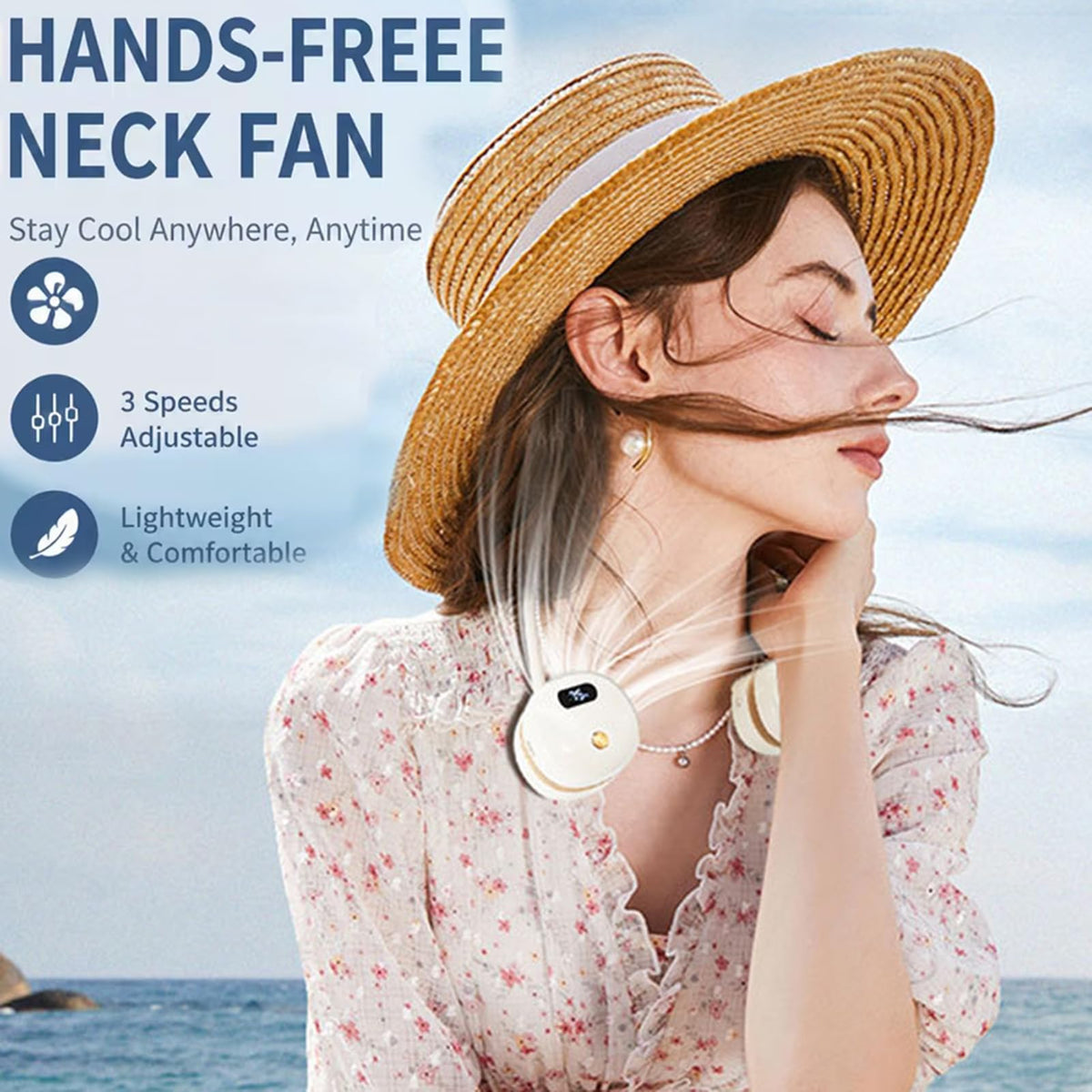 Foldable USB Rechargeable Neck Hanging Fan, 360° Flexibler Faltbarer Halsventilator, Wiederaufladbar Nackenventilator mit LED-Anzeige & 3 Stufen, Leise Persönlicher Ventilator für Büro Reisen (Weiß)