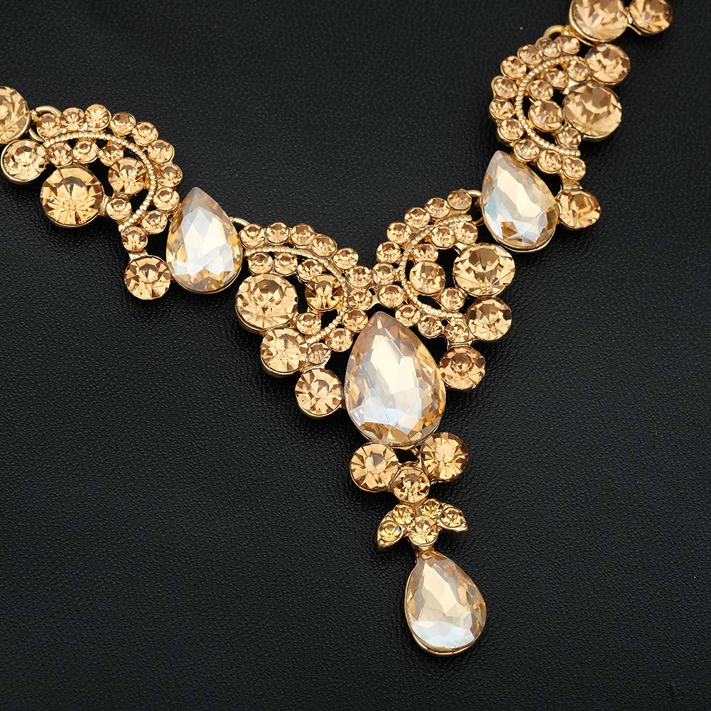 CSY 4-teiliges Set mit eleganten Kristall-Halsketten, Ohrringen, Armbändern und Ringen, Brautschmuck für Hochzeiten, Kostümschmuck-Sets für Bräute und Frauen (vergoldet, Champagner)