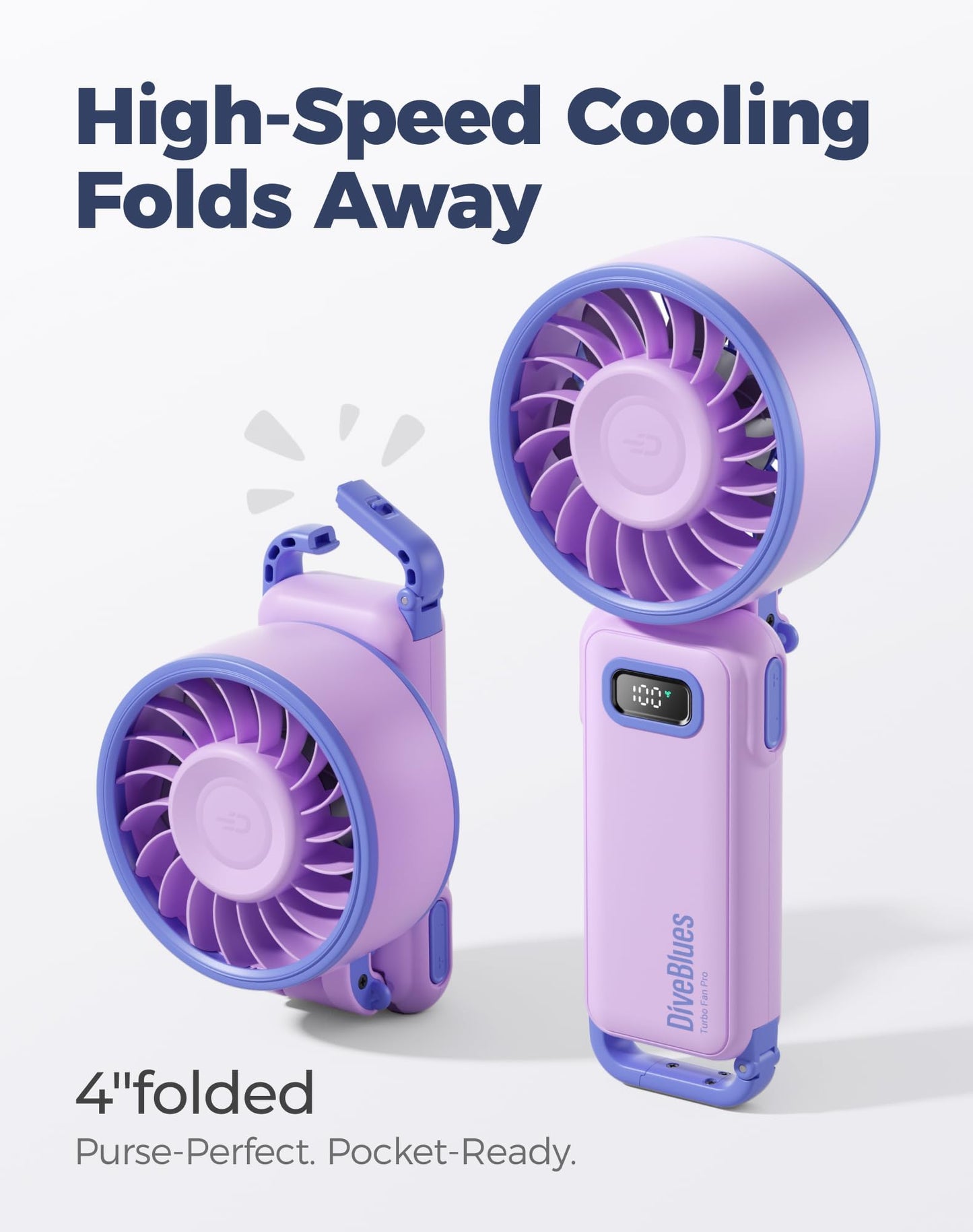 Diveblues Portable Handheld Fan D6036 Cream | 7.4m/s High Speed Turbo, 180° Foldable 4-in-1, Personal Neck Fan with Carabiner Clip, 100 Speed Stepless Control