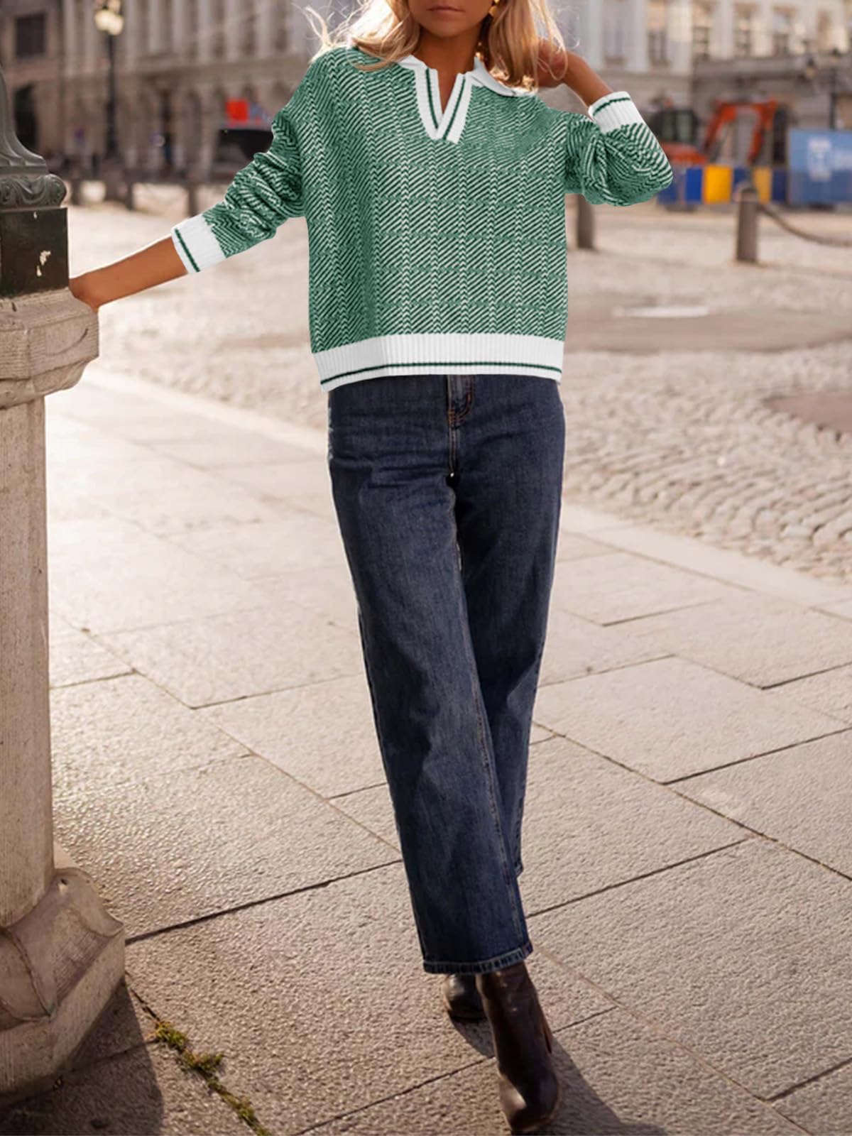 Saodimallsu Damen Herbstpullover Tops Revers V-Ausschnitt Strickpullover Farbblock Langarm Lässig Weich Pullover Shirt Grün