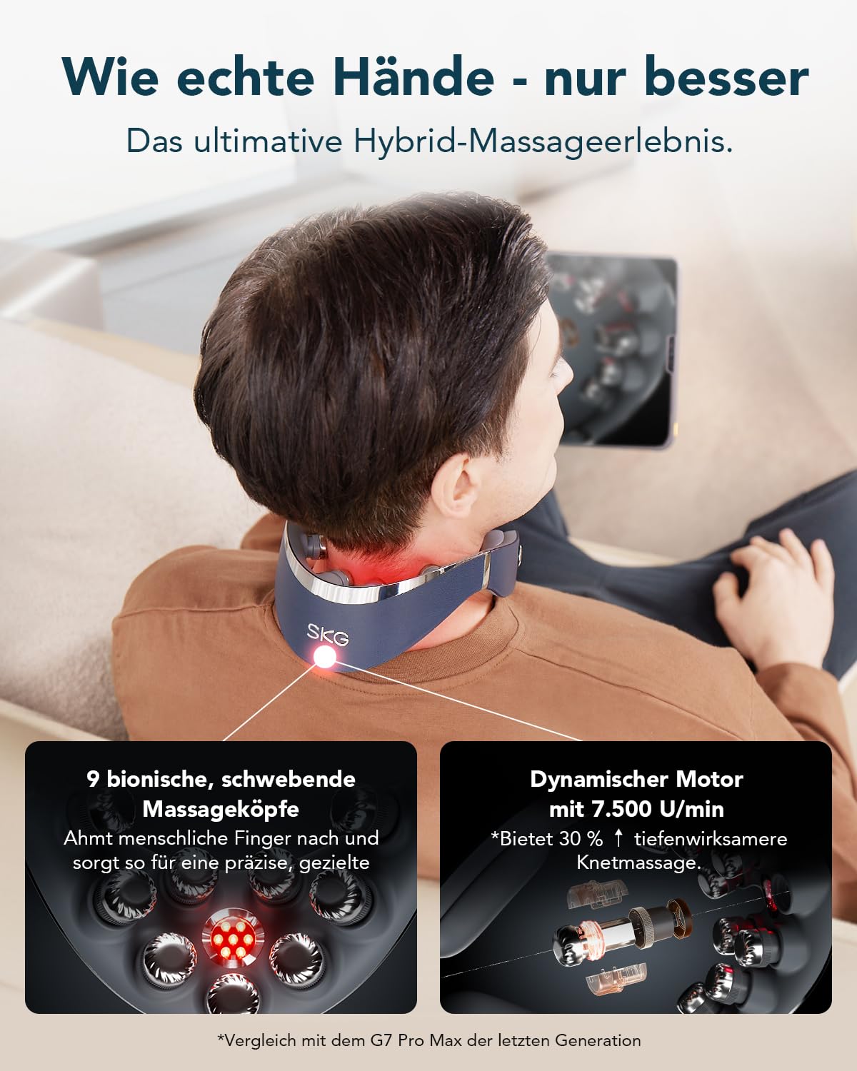 SKG Nackenmassagegerät, Faltbarer Elektrischer Nackenmasseur mit Wärme & Vibration, Titan 316L Massageköpfe, 11 Programme, Kabellos & Tragbar, Geschenk für Papa, Männer und Frauen, G7 Pro Fold（Gold)