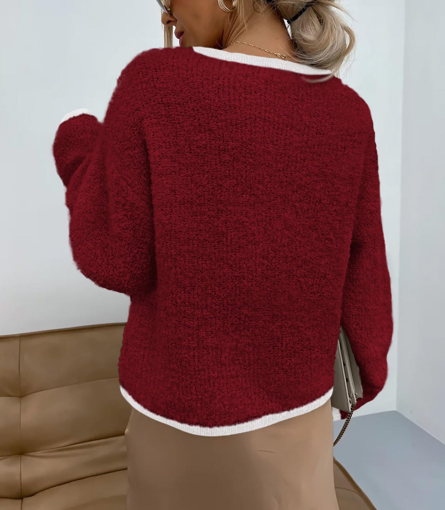 Women Cardigan Sweaters Long Sleeve Button Down Tweed Knit Sweater Crewneck Fall Open Front Outerwear with Pockets-M Wine Red