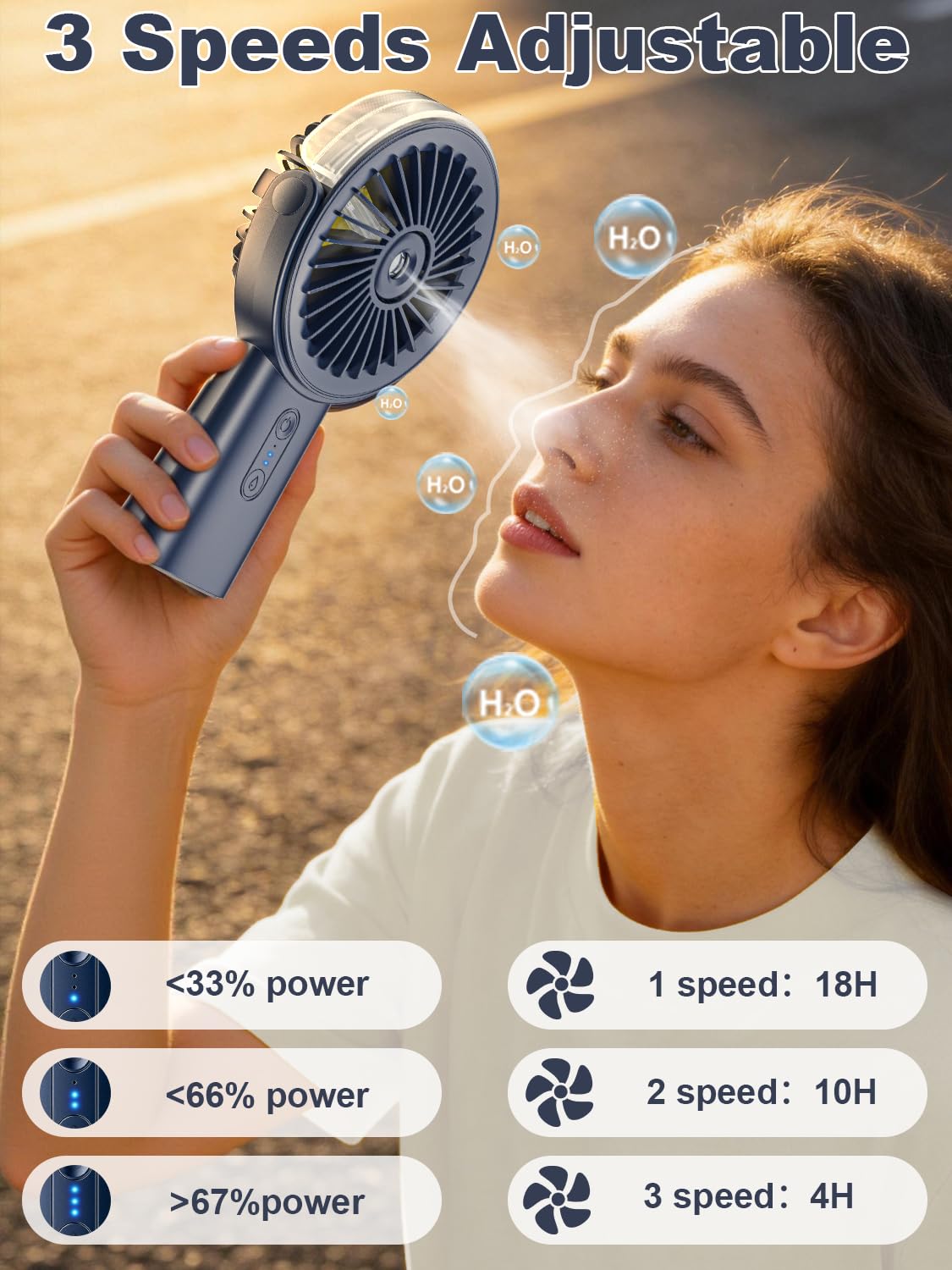 Handventilator Akku Aufladbar mit Wasserkühlung, 6000mAh Tragbarer Mini Ventilator mit 3 Gänge, Ventilatoren Leise Klein mit 4–18 Laufzeit, Portable USB Hand Fan für Sommer, Reise, Outdoor, Blau