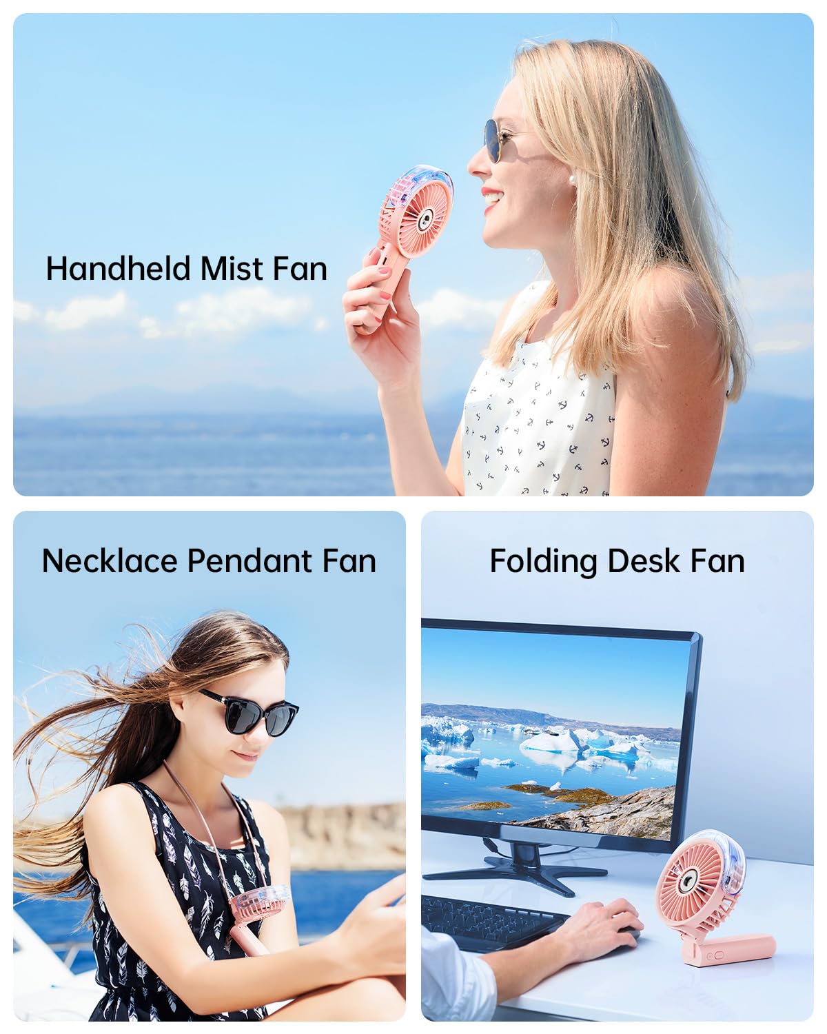 SWEETFULL Portable Misting Fan - 180° Foldable Handheld Personal Fan with Mist Spray, 3 Speeds, 30ml Water Tank, USB Rechargeable - Ideal for Travel, Outdoors, Makeup, Camping, Home, and Office Use