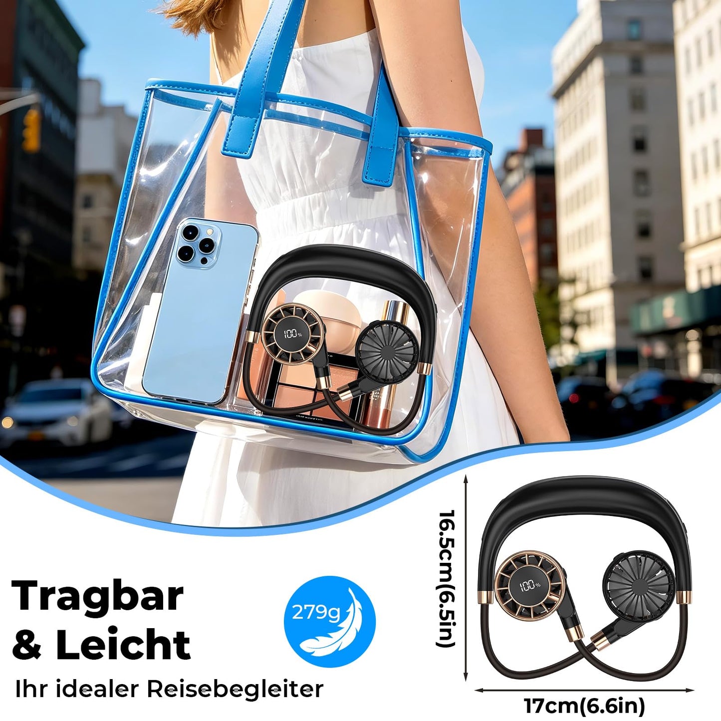 Nackenventilator, 4000mAh Tragbarer Halsventilator, 6 Stufen & 360° Luftstrom, 5-16 Stunden,Extrem Leise 10000 U/min USB Ventilator mit LED-Anzeige,Faltbarer Mini Lüfter für Freien,Reisen,Camping,Büro