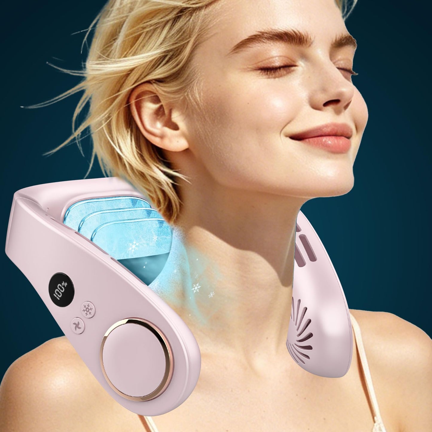FWV Neck Fan with Cooling Plate, Quiet 30dB, 3-24Hrs Cooling,5500mAh Battery,LED Display Necklace AC Cooler, USB Bladeless Portable Personal Wearable Fans that Blow Cold Air for Men Women Kids Black