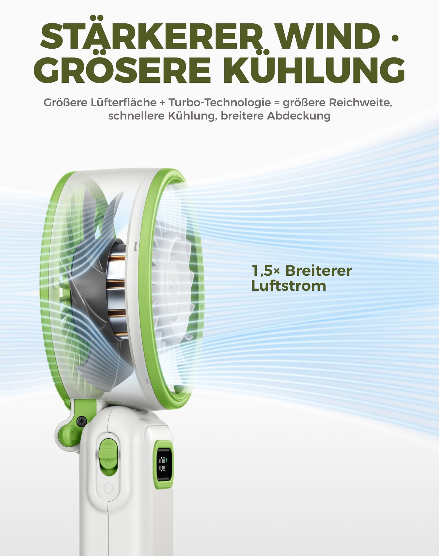Diveblues Handventilator Tragbarer Turbo-Ventilator mit 100 Stufen und 7,4m/s Starkem Luftstrom, 180° Faltbarer 4-in-1 Mini-Ventilator für Hand, Hals und Tisch, Aufladbar für Sommer, Reise und Outdoor
