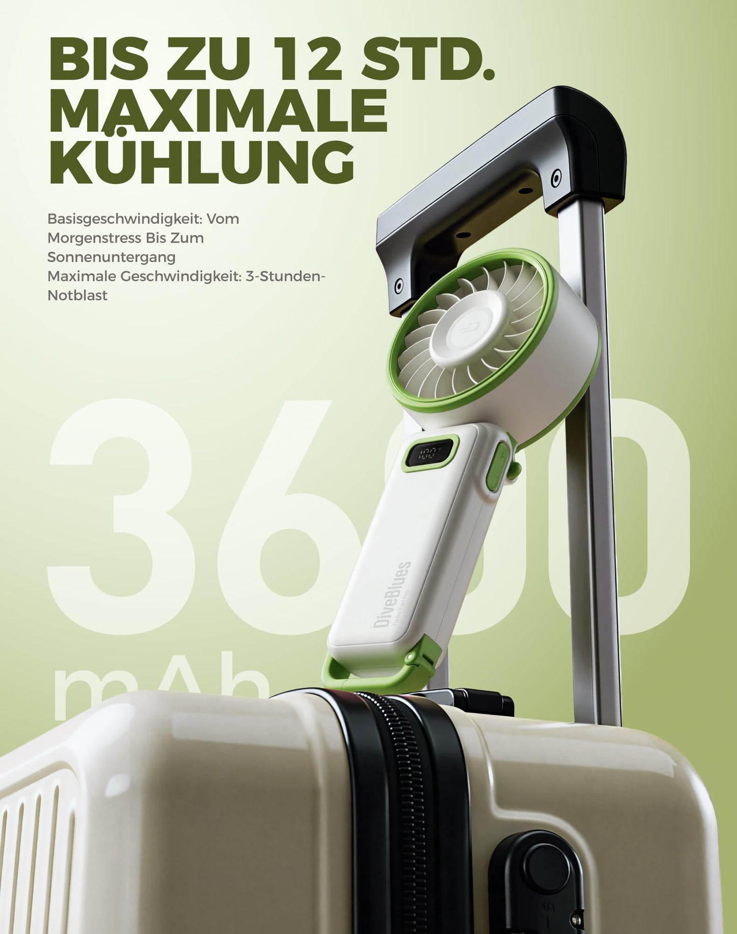 Diveblues Handventilator Tragbarer Turbo-Ventilator mit 100 Stufen und 7,4m/s Starkem Luftstrom, 180° Faltbarer 4-in-1 Mini-Ventilator für Hand, Hals und Tisch, Aufladbar für Sommer, Reise und Outdoor