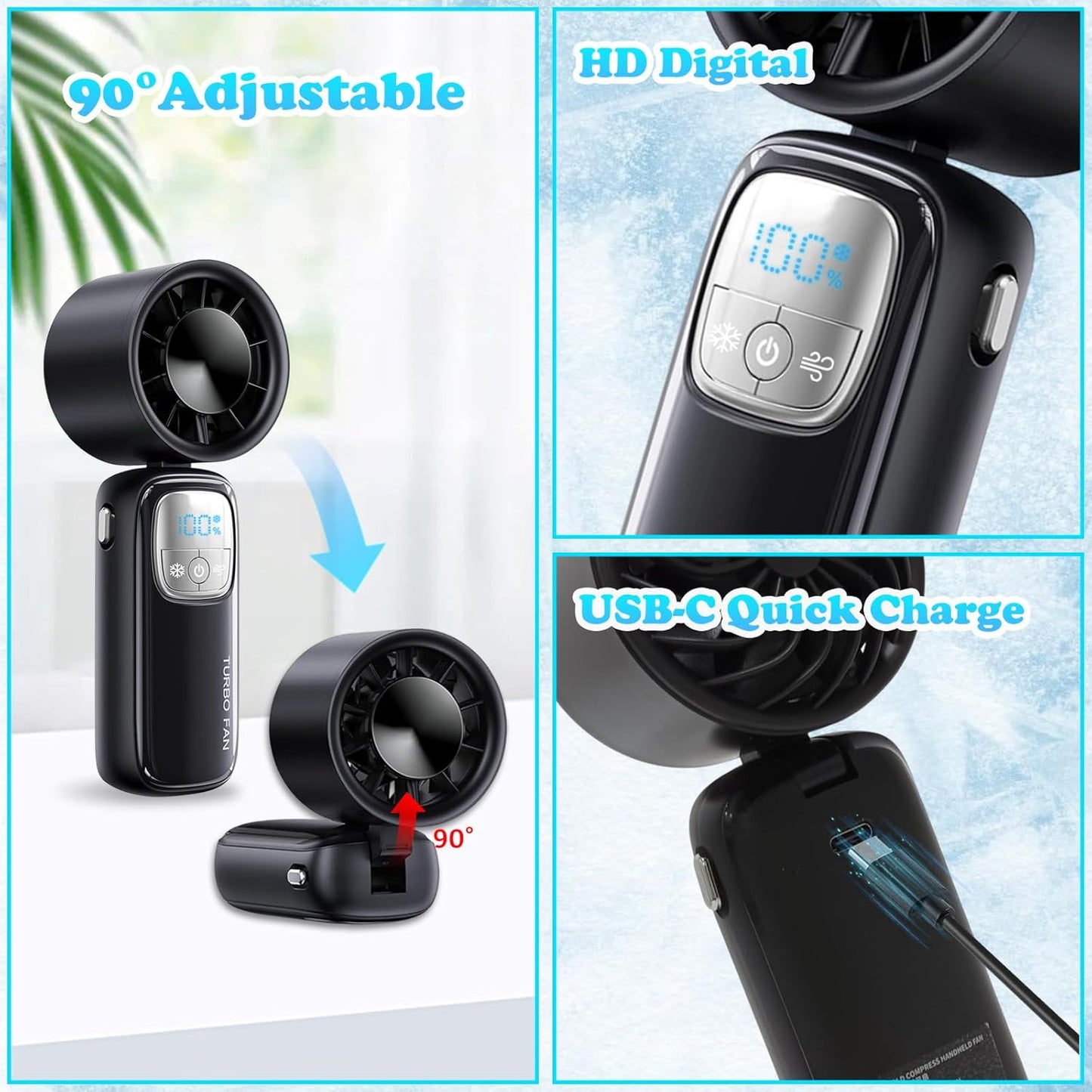 Tragbarer Handventilator mit Turbo-Lüfter und Eiskühlung, Handventilator Akku Aufladbar, Faltbar Tragbar Hand Ventilatoren, Hand, Hals & Tischventilator, 5-stufiger Wind für Reisen & Outdoor