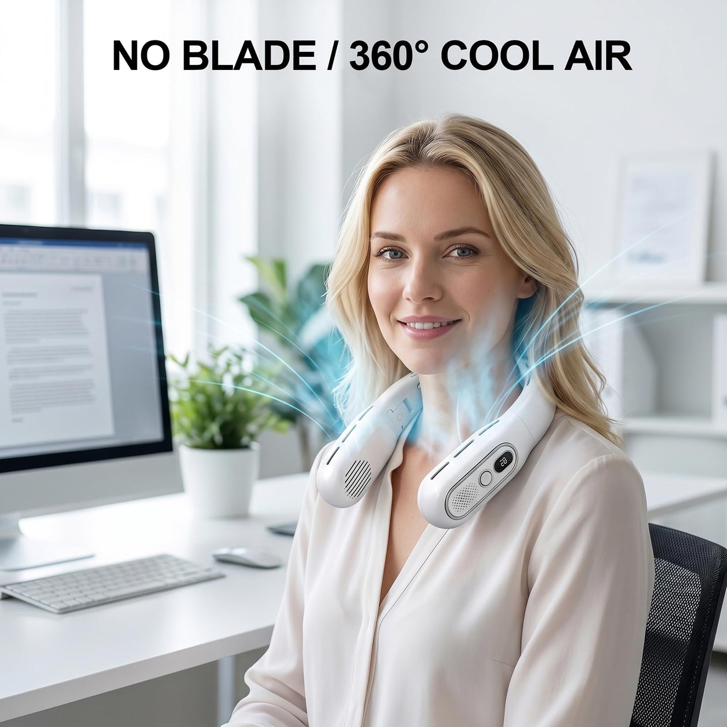 Faltbarer Halsventilator, ohne Flügel, tragbar, Luftstrom 360°, USB-Ventilator, wiederaufladbar, 3000 mAh, 3 Geschwindigkeitsstufen, USB-Halsventilator mit LED-Anzeige, für Sport und Reise (weiß)