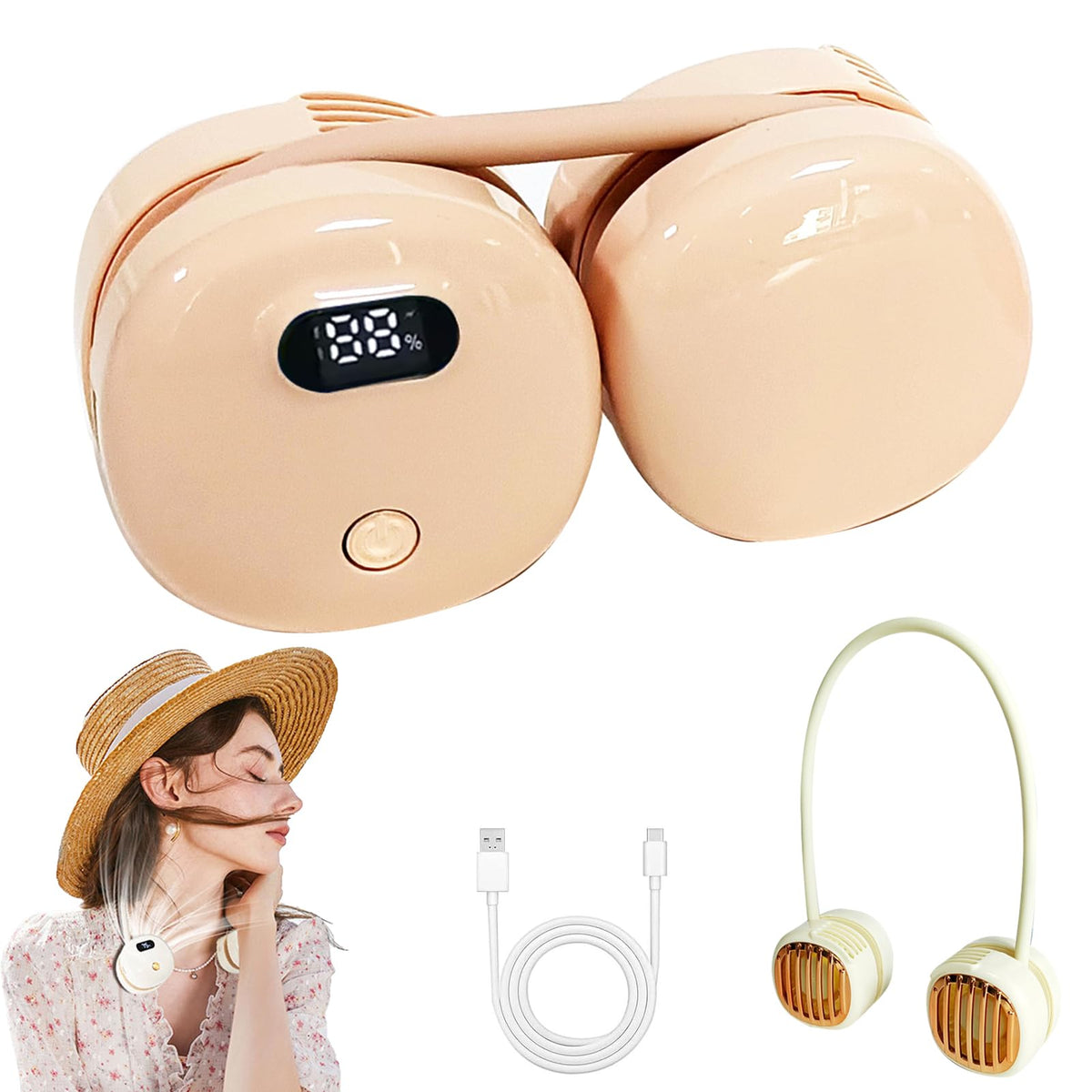 Foldable USB Rechargeable Neck Hanging Fan, 360° Flexibler Faltbarer Halsventilator, Wiederaufladbar Nackenventilator mit LED-Anzeige & 3 Stufen, Leise Persönlicher Ventilator für Büro Reisen (Weiß)