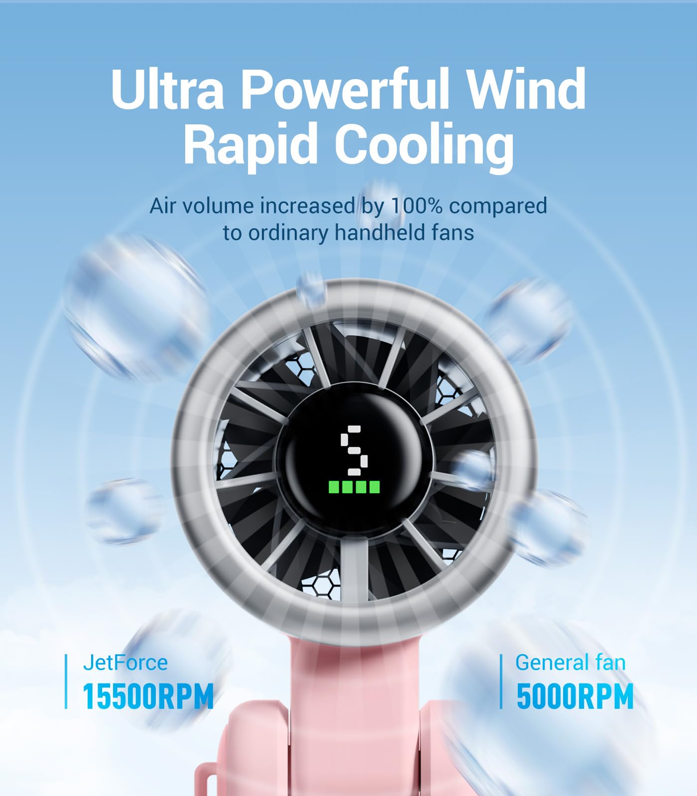 Diveblues Portable Handheld Turbo Fan, 5 Gear Wind, Battery Operated, Up to 12 Working Hours, 3 IN 1 Hand Fan with Air Turbo Tech Cooling Fan for Outdoor Activities, Travel, Working, Silvery white