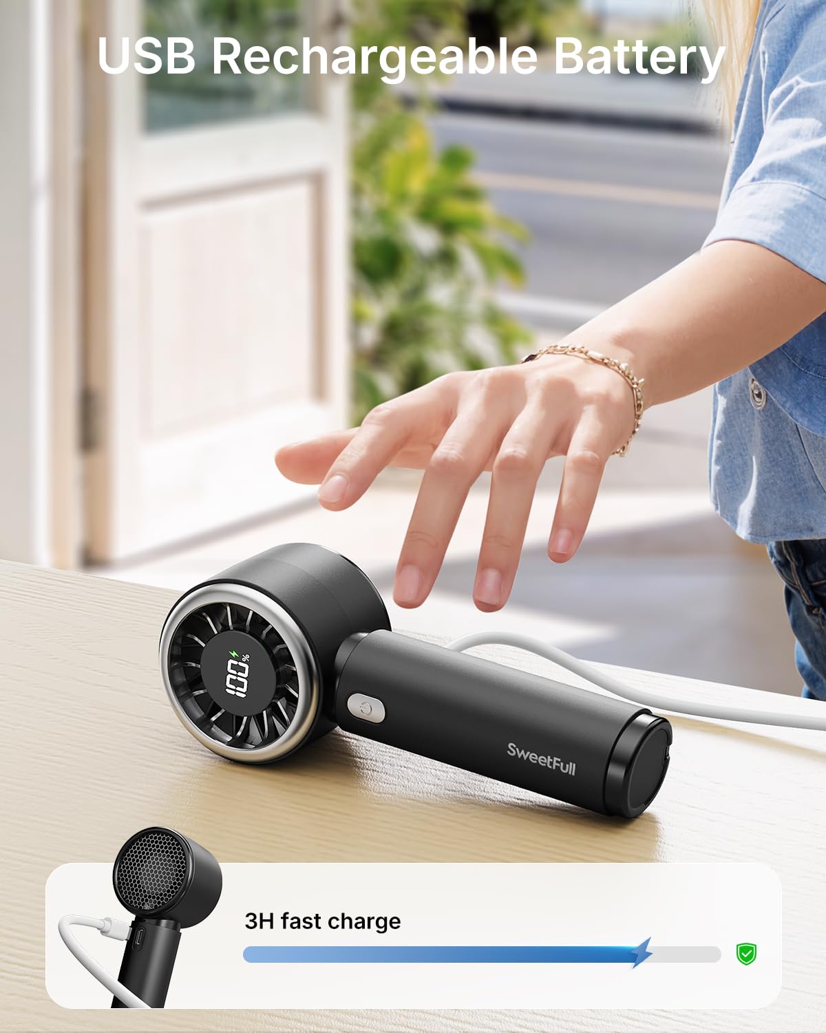 SWEETFULL Mini Fan Portable - Cute Handheld Turbo Fan with Rechargeable Battery, 5 Speeds, Small Hand Personal Travel Essentials for Women, Girls, Kids, Lash, Makeup - Pink