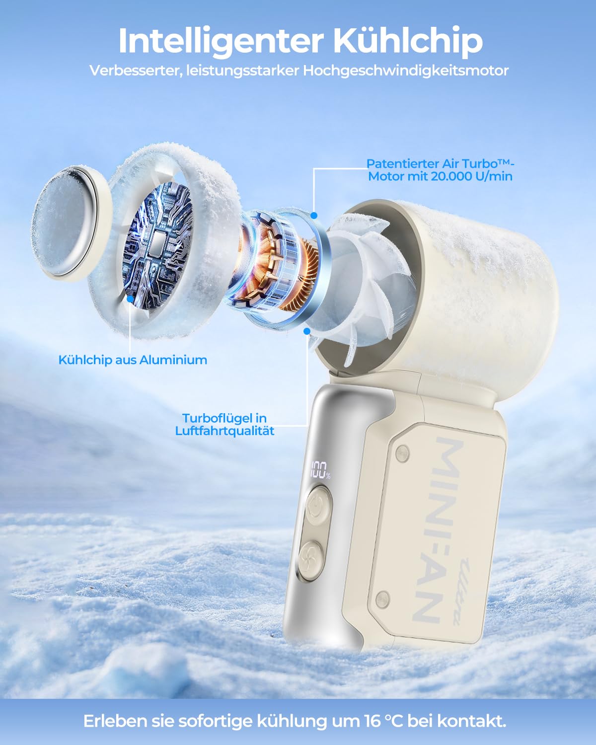 Handventilator,100 Stufen Mini Ventilator mit Eiskühlung,3600mAh Tragbarer Turbo Handventilator Akku Aufladbar,3-in-1 (Hand/Tisch/Neck) Ventilator Klein Leise mit LED Display für Reisen,Büro & Outdoor