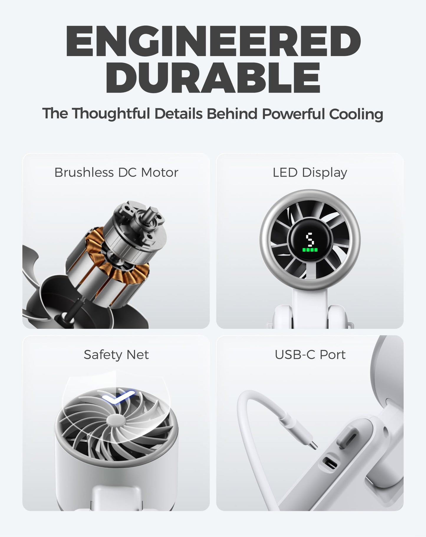 Diveblues Portable Handheld Turbo Fan, 5 Gear Wind, Battery Operated, Up to 12 Working Hours, 3 IN 1 Hand Fan with Air Turbo Tech Cooling Fan for Outdoor Activities, Travel, Working, Silvery white