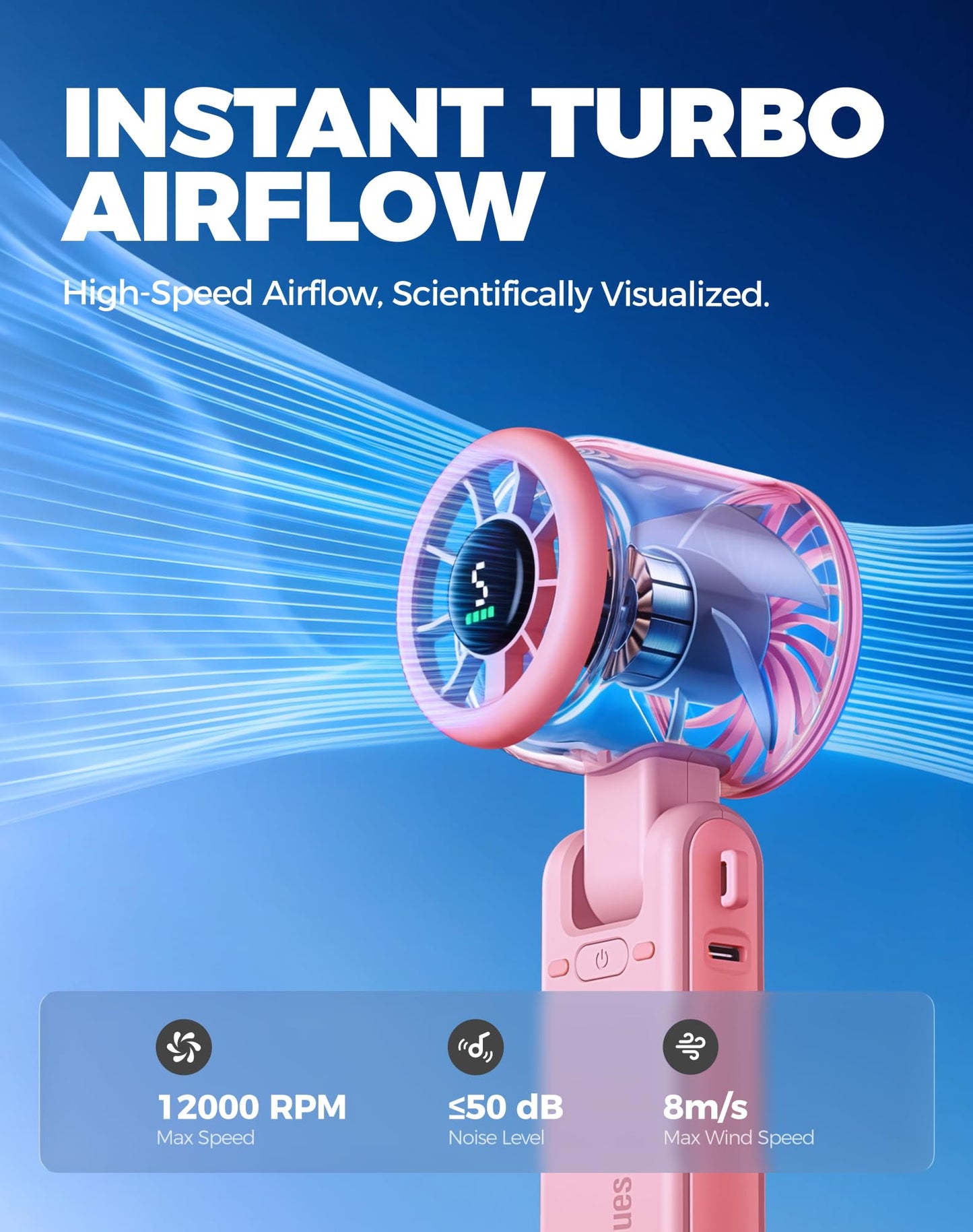 Diveblues Portable Handheld Turbo Fan, 5 Gear Wind, Battery Operated, Up to 12 Working Hours, 3 IN 1 Hand Fan with Air Turbo Tech Cooling Fan for Outdoor Activities, Travel, Working, Silvery white