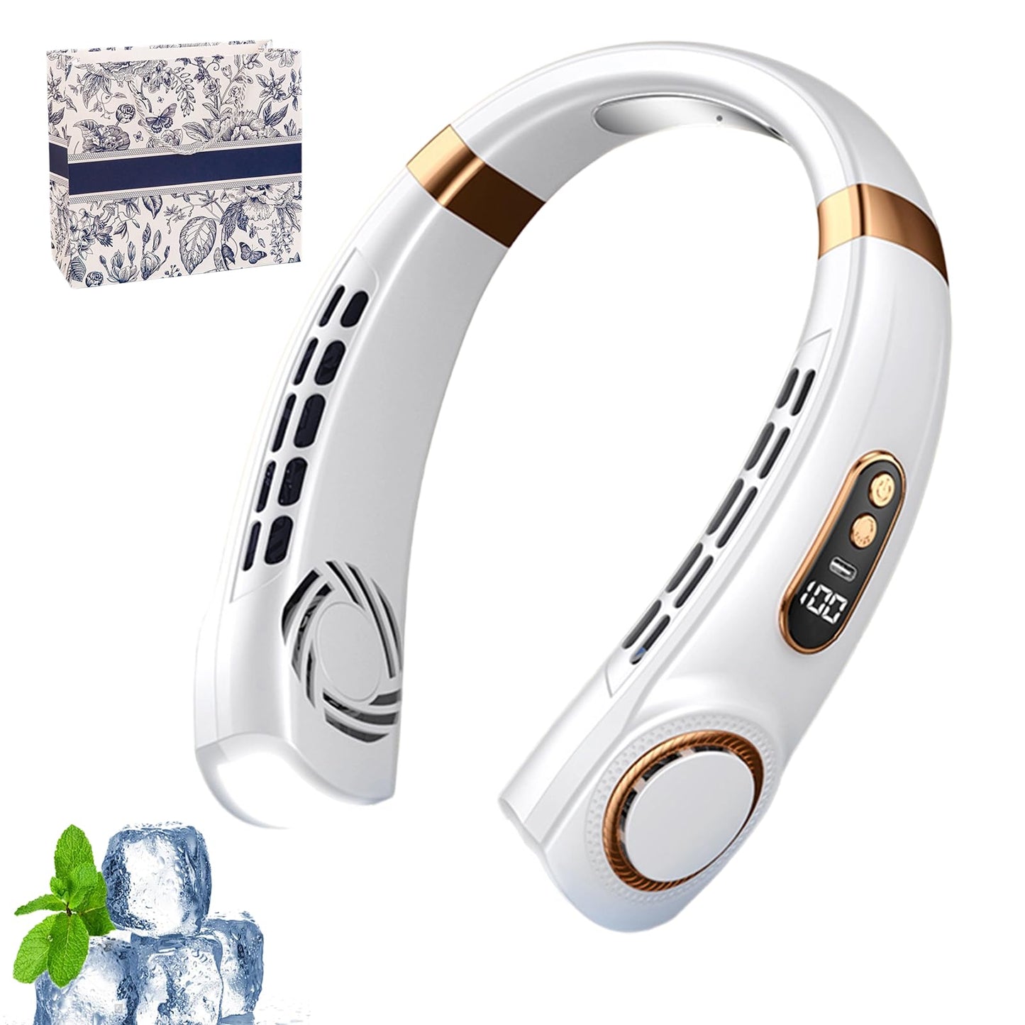 Nackenventilator, Nackenventilator mit Kühlung 5 Leise Geschwindigkeiten, Tragbarer Nackenventilator mit Display und LED-Licht in 7 Farben, Hals Ventilator für Sommer Küche, Unterwegs (Weiß)