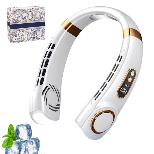 Nackenventilator, Nackenventilator mit Kühlung 5 Leise Geschwindigkeiten, Tragbarer Nackenventilator mit Display und LED-Licht in 7 Farben, Hals Ventilator für Sommer Küche, Unterwegs (Weiß)