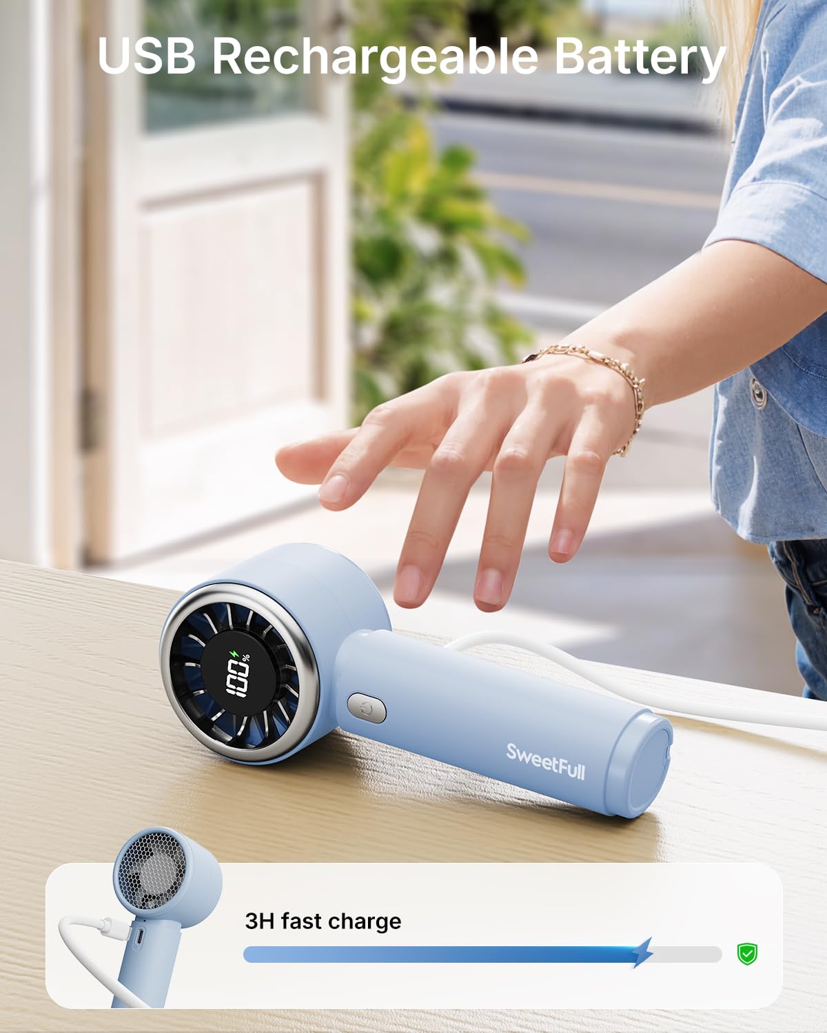 SWEETFULL Mini Fan Portable - Cute Handheld Turbo Fan with Rechargeable Battery, 5 Speeds, Small Hand Personal Travel Essentials for Women, Girls, Kids, Lash, Makeup - Pink