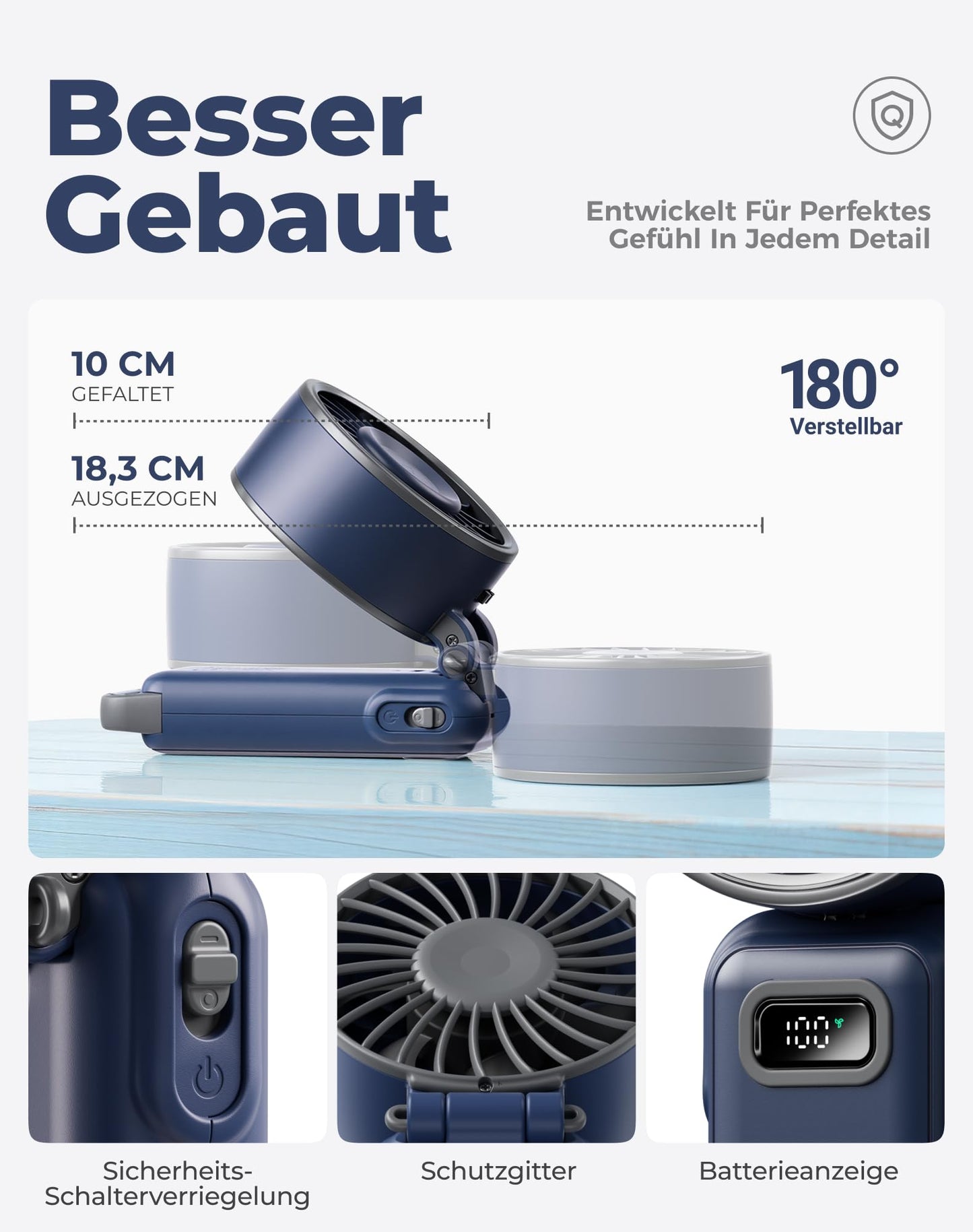 Diveblues Handventilator Tragbarer Turbo-Ventilator mit 100 Stufen und 7,4m/s Starkem Luftstrom, 180° Faltbarer 4-in-1 Mini-Ventilator für Hand, Hals und Tisch, Aufladbar für Sommer, Reise und Outdoor