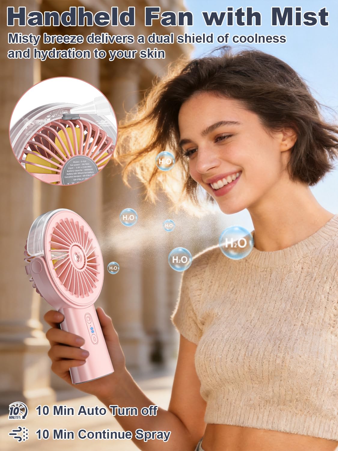 Handventilator Akku Aufladbar mit Wasserkühlung, 6000mAh Tragbarer Mini Ventilator mit 3 Gänge, Ventilatoren Leise Klein mit 4–18 Laufzeit, Portable USB Hand Fan für Sommer, Reise, Outdoor, Blau