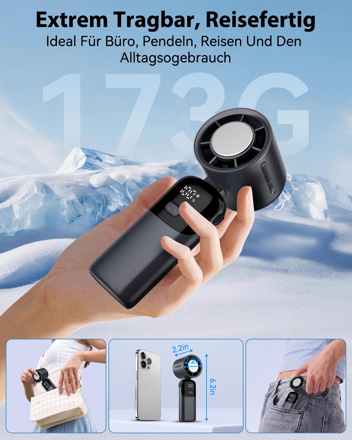 Handventilator,100 Stufen Mini Ventilator mit Eiskühlung,3600mAh Tragbarer Turbo Handventilator Akku Aufladbar,3-in-1 (Hand/Tisch/Neck) Ventilator Klein Leise mit LED Display für Reisen,Büro & Outdoor
