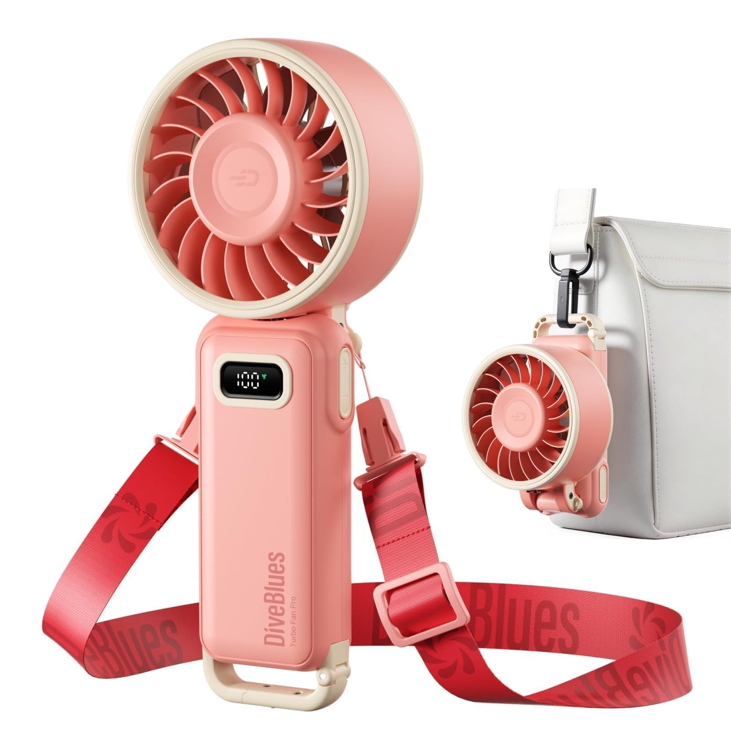 Diveblues Portable Handheld Fan D6036 Cream | 7.4m/s High Speed Turbo, 180° Foldable 4-in-1, Personal Neck Fan with Carabiner Clip, 100 Speed Stepless Control