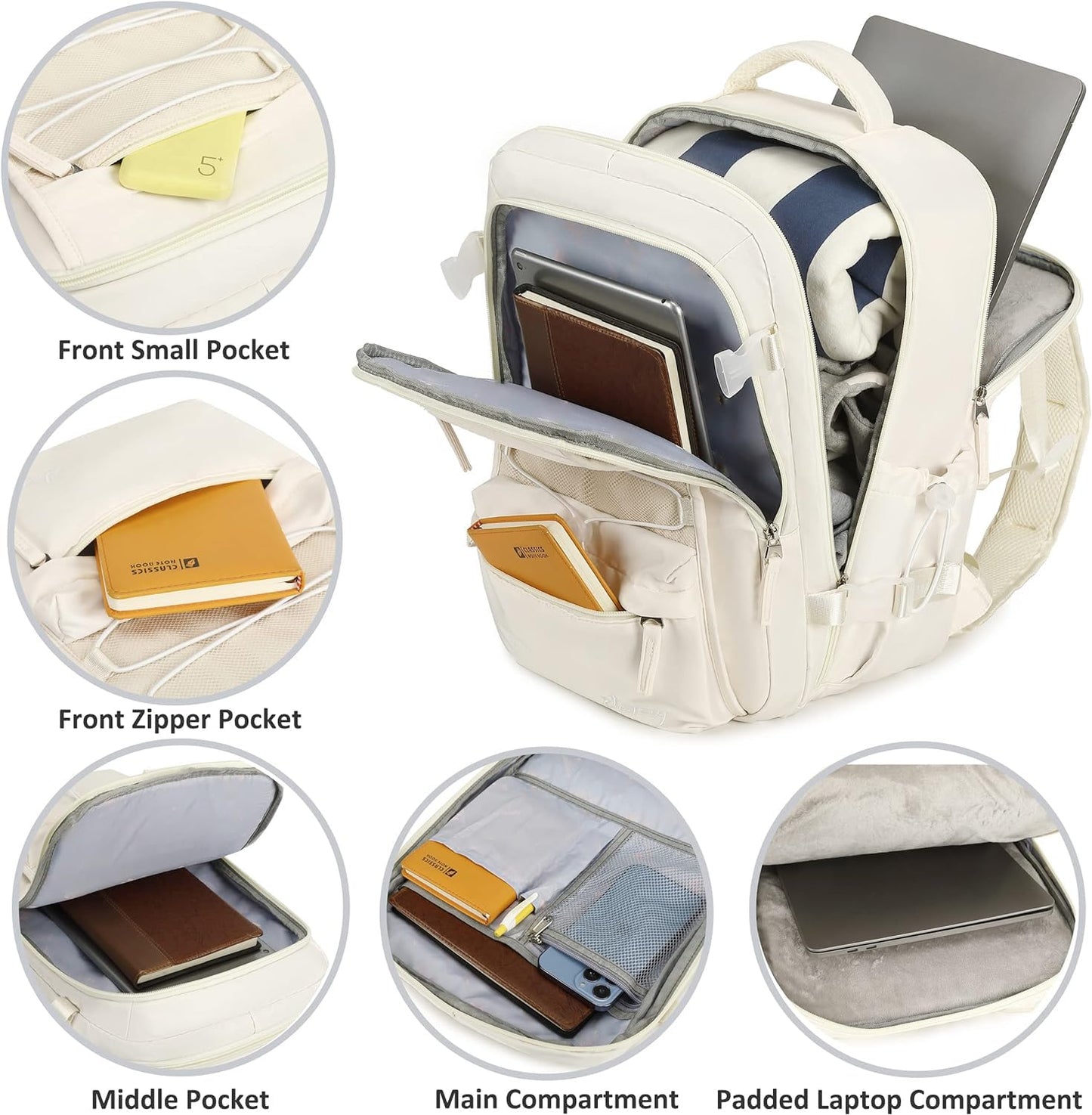 Reiserucksack für Damen und Herren, 15,6-Zoll-Laptop-Rucksäcke mit USB-Anschluss, Handgepäck-Rucksack, flugzugelassen, großer Rucksack, College-Büchertasche, Outdoor-Sport-Wanderrucksack, lässiger Tagesrucksack (weiß)