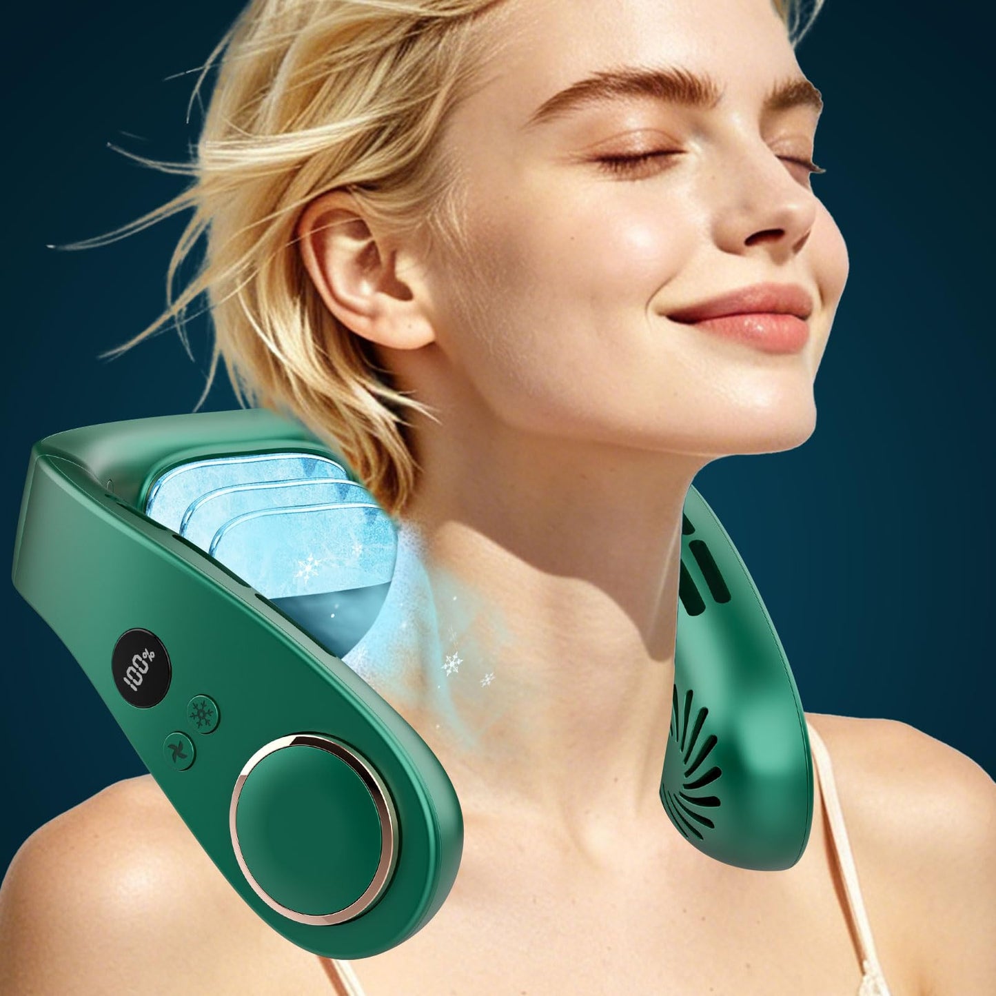 FWV Neck Fan with Cooling Plate, Quiet 30dB, 3-24Hrs Cooling,5500mAh Battery,LED Display Necklace AC Cooler, USB Bladeless Portable Personal Wearable Fans that Blow Cold Air for Men Women Kids Black