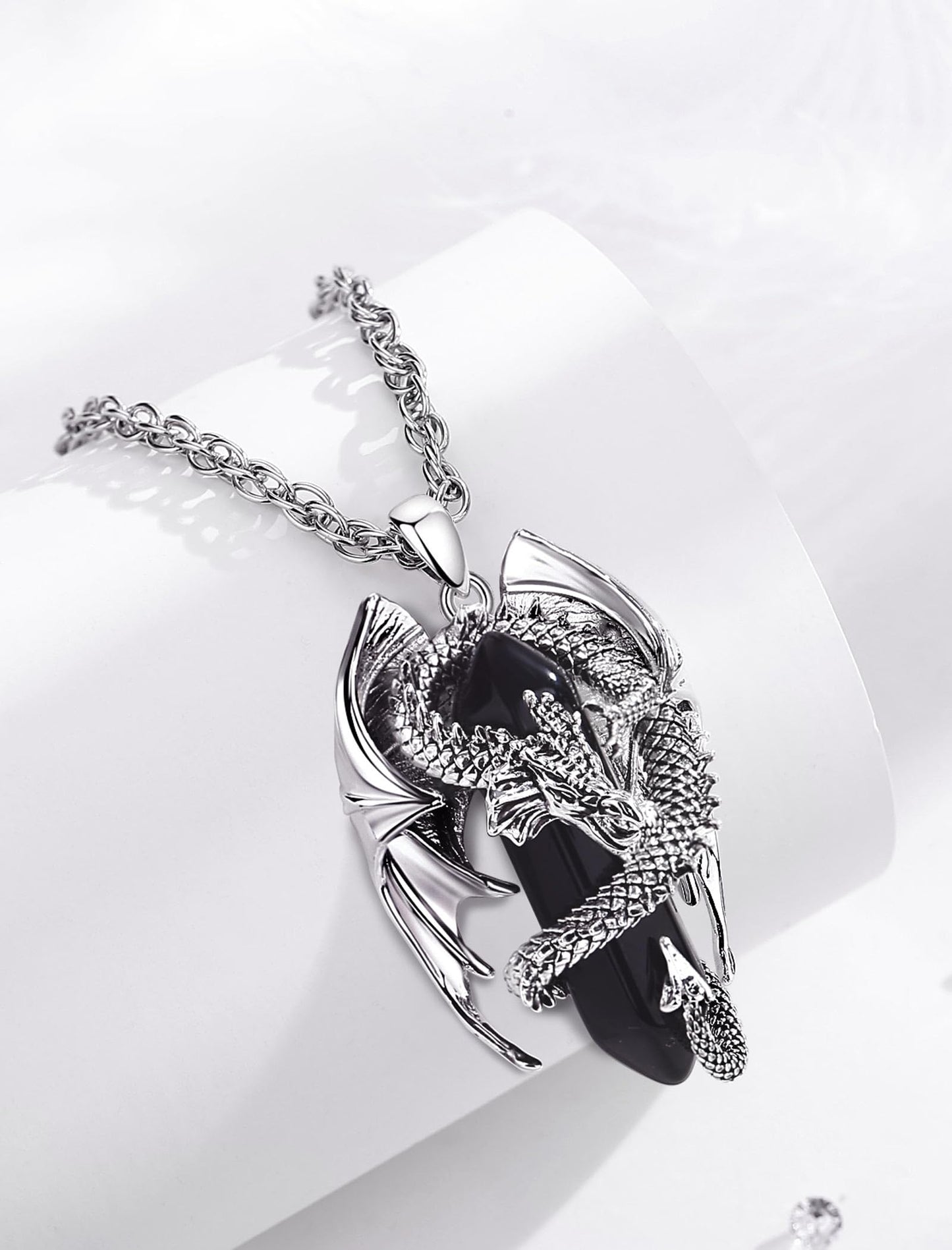 INFUSEU Drachen Kette, Kristall Halskette Nordischer Drache Eingewickelter Zylinder Edelstein Schwarzer Vintage Obsidian Anhänger Sechseckiger Heilkristall Gothic Geschenk für Männer Frauen