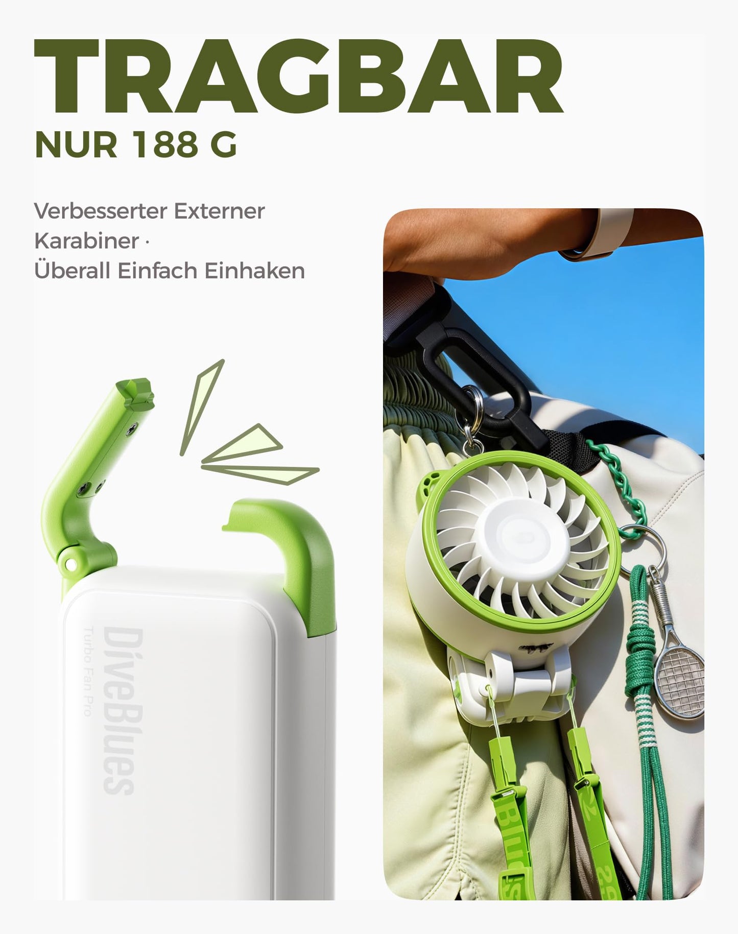 Diveblues Handventilator Tragbarer Turbo-Ventilator mit 100 Stufen und 7,4m/s Starkem Luftstrom, 180° Faltbarer 4-in-1 Mini-Ventilator für Hand, Hals und Tisch, Aufladbar für Sommer, Reise und Outdoor