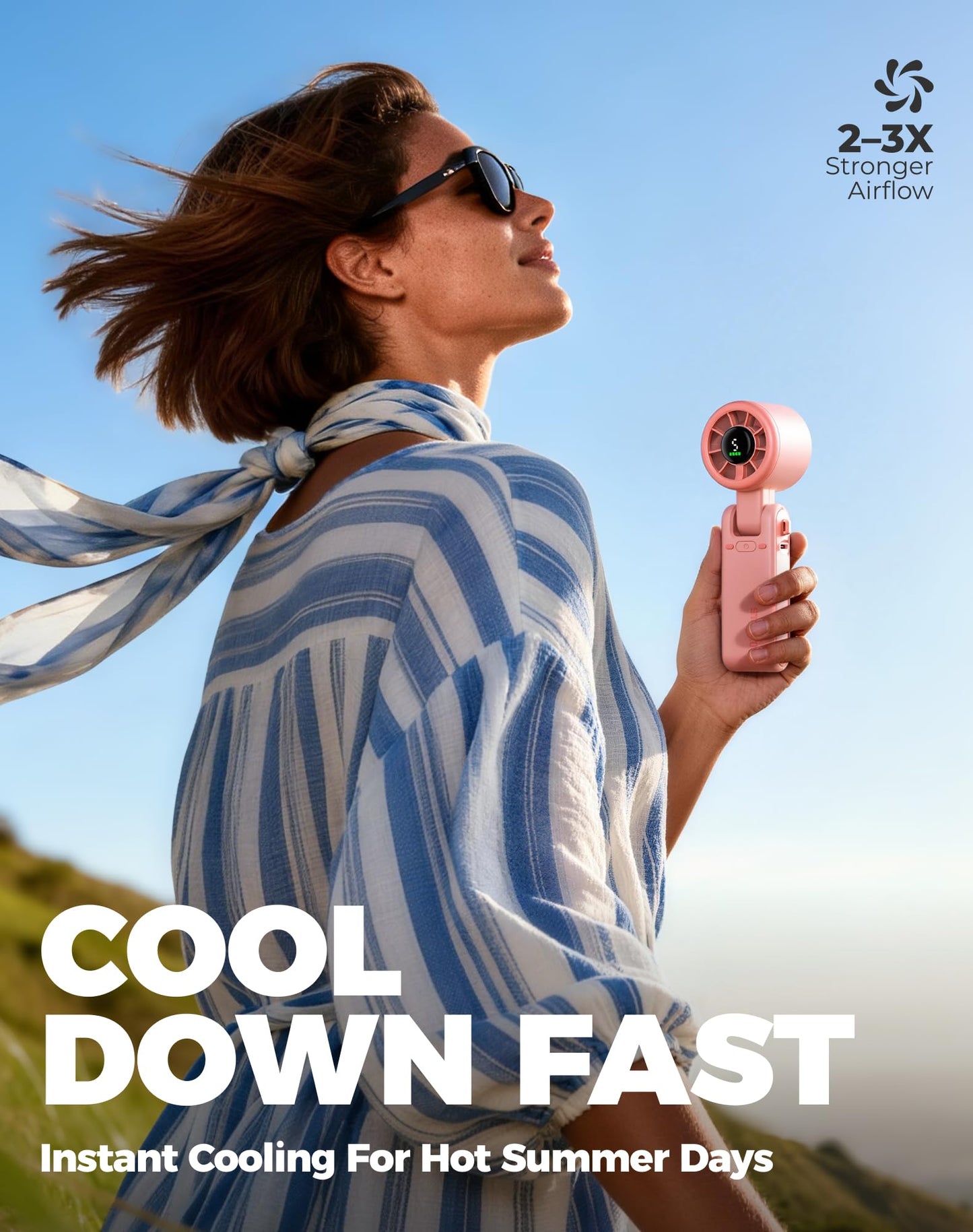 Diveblues Portable Handheld Turbo Fan, 5 Gear Wind, Battery Operated, Up to 12 Working Hours, 3 IN 1 Hand Fan with Air Turbo Tech Cooling Fan for Outdoor Activities, Travel, Working, Silvery white