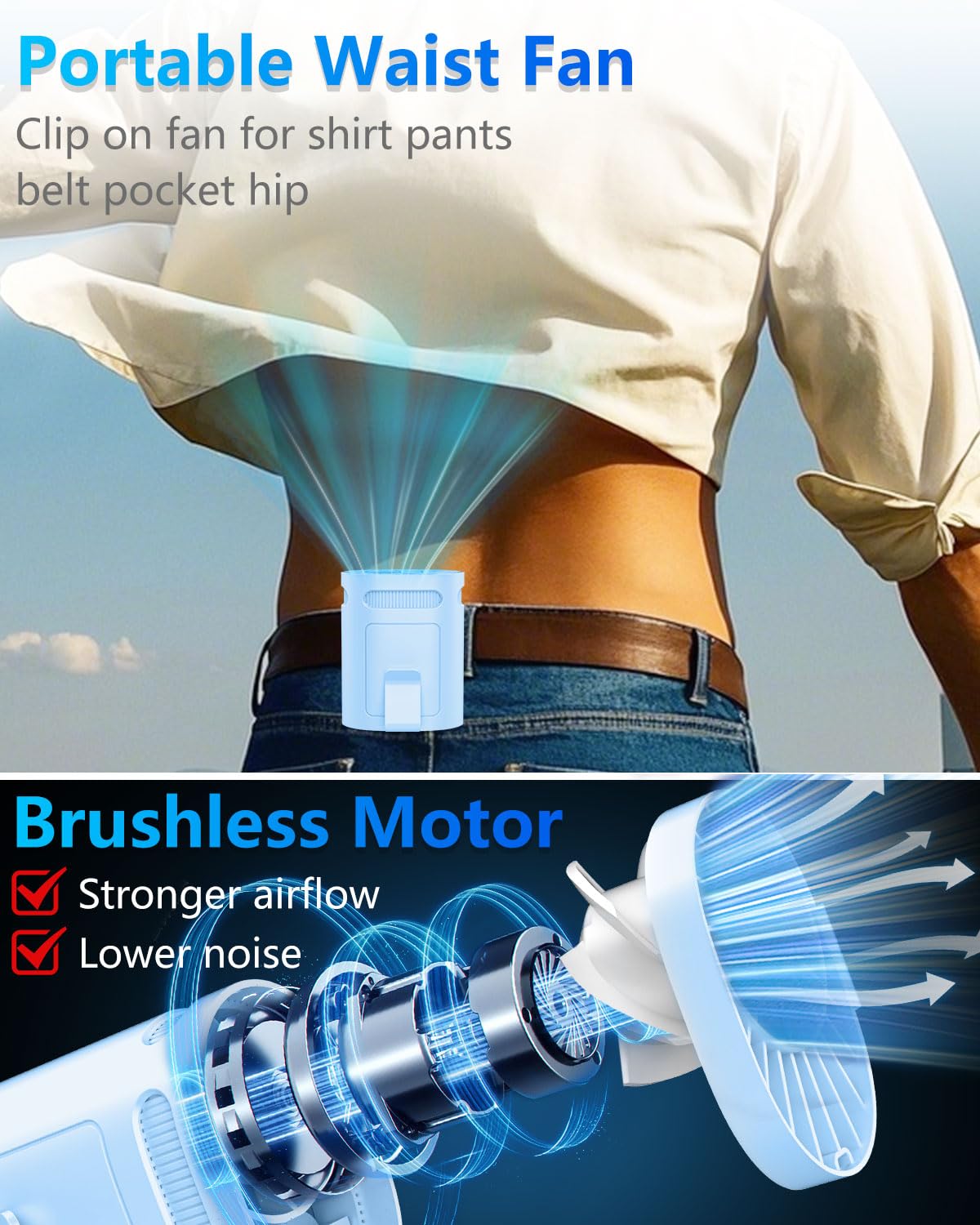 Waist Fan Clip on-Mini Lightweight Portable Fans Rechargeable Under Shirt Belt Pants Body Fans that Blow Cold Air,Waistband Cooling Fan,Powerful Small Personal Hanging Neck Cooler AC Travel Black