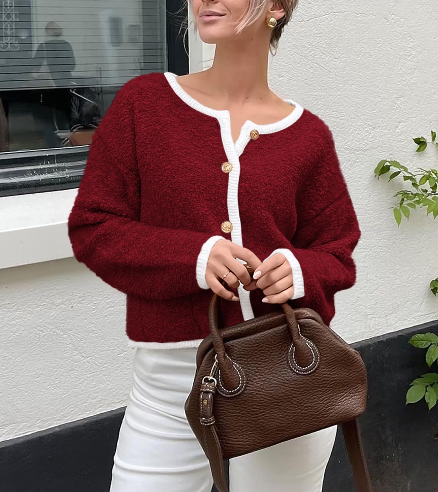 Women Cardigan Sweaters Long Sleeve Button Down Tweed Knit Sweater Crewneck Fall Open Front Outerwear with Pockets-M Wine Red