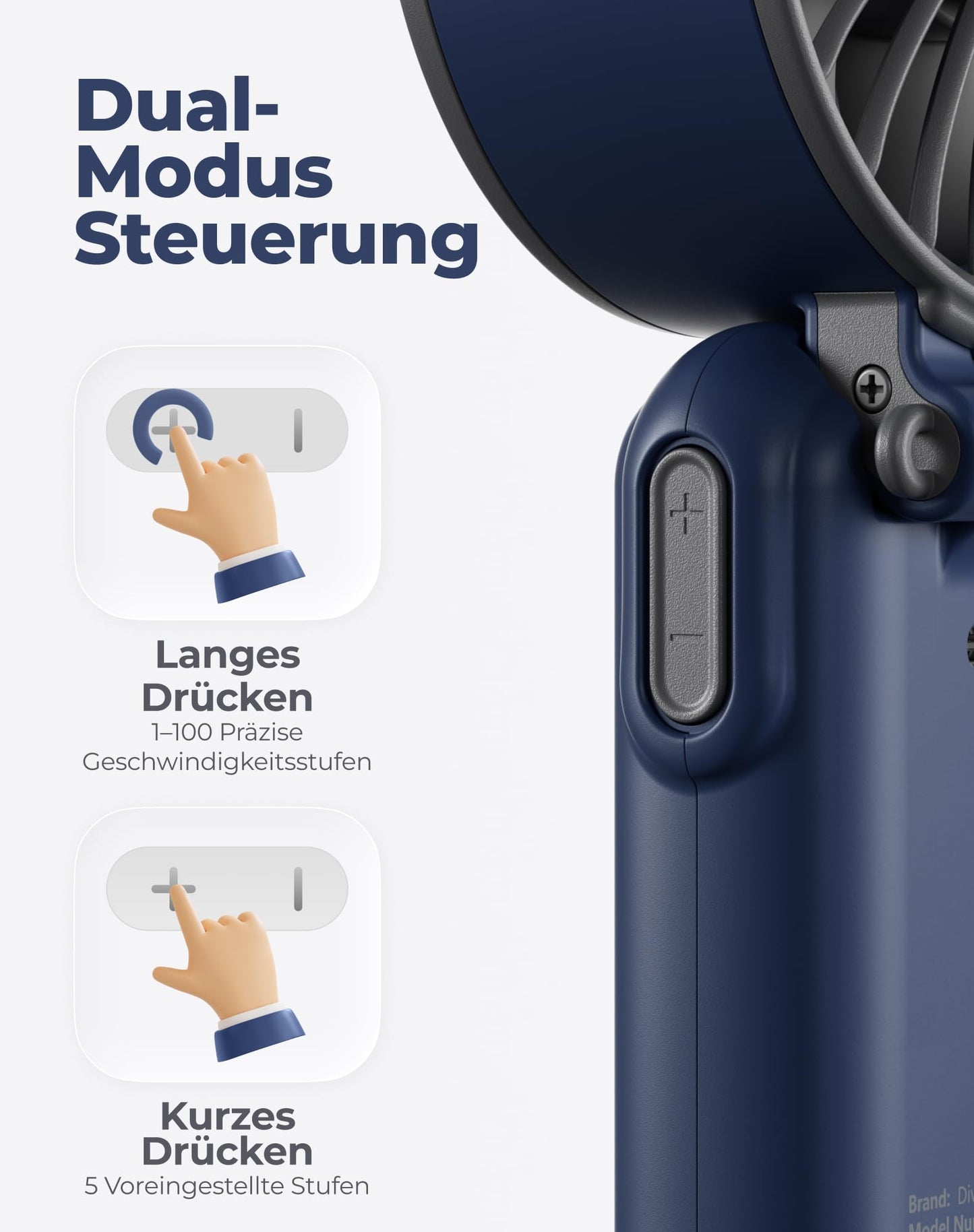 Diveblues Handventilator Tragbarer Turbo-Ventilator mit 100 Stufen und 7,4m/s Starkem Luftstrom, 180° Faltbarer 4-in-1 Mini-Ventilator für Hand, Hals und Tisch, Aufladbar für Sommer, Reise und Outdoor